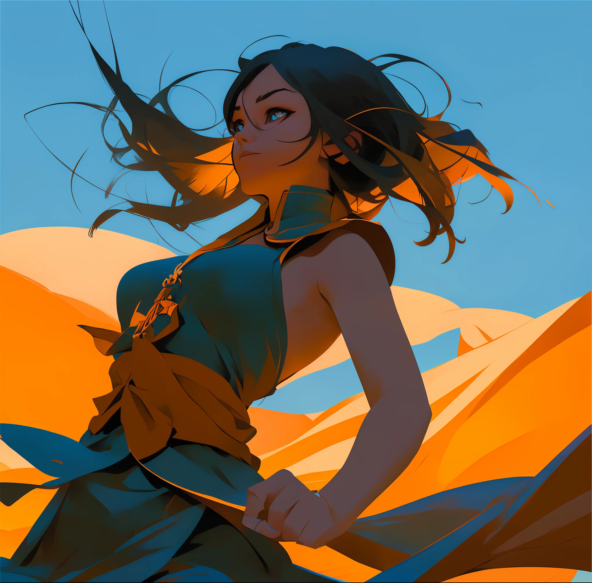 In the desert there is a woman in a blue dress,Expression joy,The art style was influenced by conceptual art by Artgerm and Atey Ghailan,Take RHADS、The work of Ladd and Louise Van Barr is inspiration,Delivers a high-quality effect in 8K,Inspired by the Guvez style and the artwork of Krenz Kusaud。