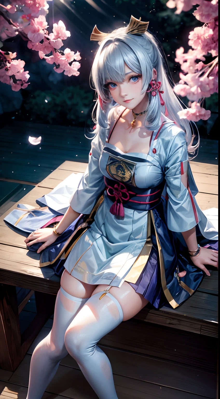 best qualityer, tmasterpiece, High- sharpness, 1girl, Clear silk porcelain dress, beauitful face, hair adornments, looking at viewert, ssmile, Keep one's mouth shut, cparted lips, shift dresses, hair adornments, choker necklace, jewely, long whitr hair, 耳Nipple Ring, beauitful face,upon_body, Tyndall effect, Photorealsitic, dark studio, edge lit, twotonelighting,(highdetailskin:1.2), 8K UHD, digital SLR camera, gentle illumination, high high quality, Volumetriclighting, Frankness, photore, A high resolution, 4k, 8k, Bokeh Huge,white stockings,Japanese clogs,looking at viewert,Realistic cherry blossoms,