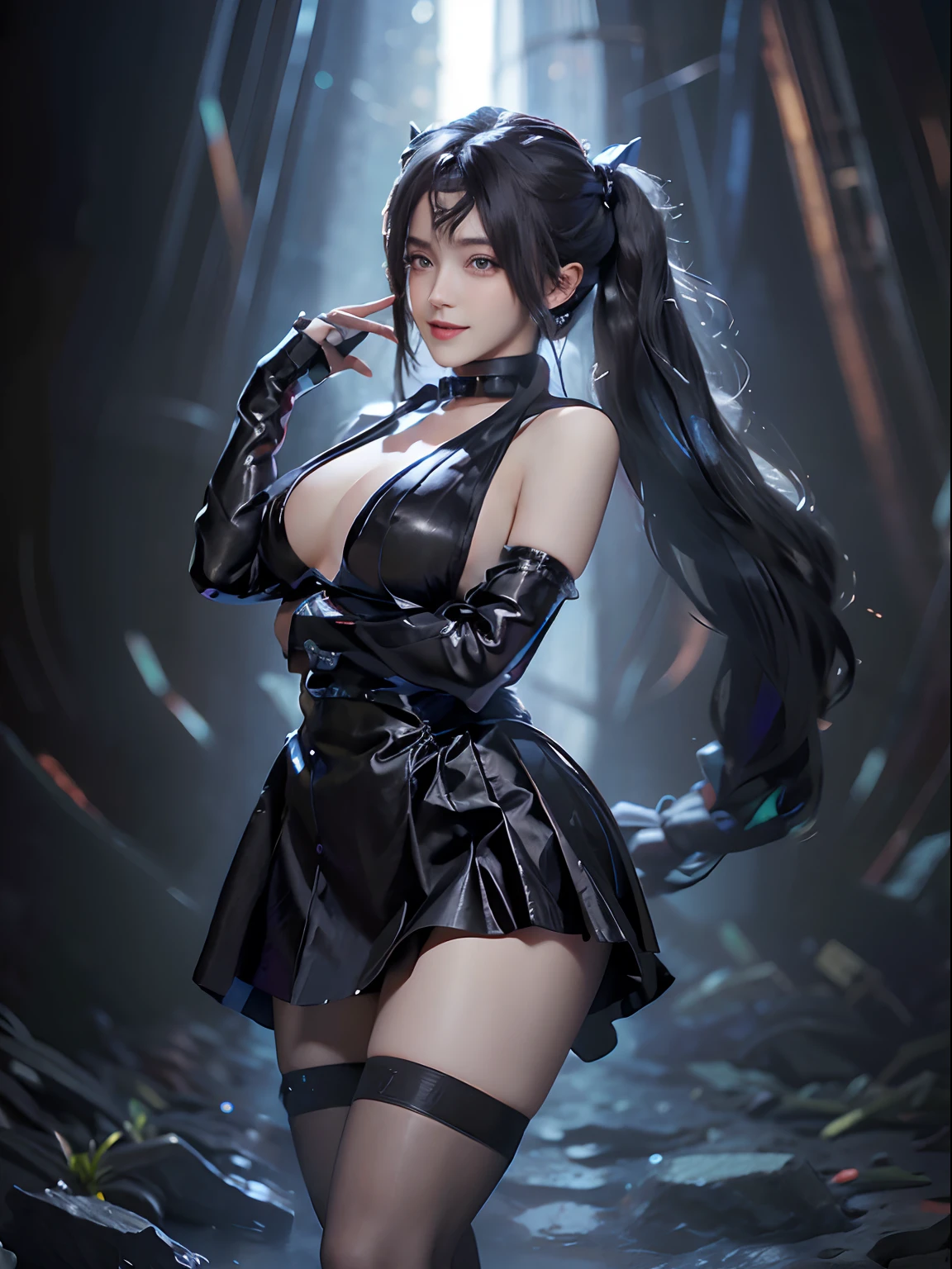 keyword: 1girl on photoshoot, hatsune miku, looking at the view, eyes on the view, smile (big smile), (open mouth), full body, 21 years old girl, perfect body, perfect anatomy, long twin tail hair with pony, hair completely tosca color, tosca eye color, double eyelids, huge breasts, Ultra-Detailed Face, Detailed Lips, Detailed Eyes, Double Eyelids, wet skin, wet hair, sexy poses, model poses, luxury satin dress (black), (realistic, photorealistic), professional lighting, Deep V-neckline, top quality photo, high res, 4K, (clear face), (detailed hand description), (masterpiece), (highest quality photo), ((large breasts)),(((areola_slip))),((puffy areolae)), ((sideboobs)),(underboob),(((collar)))