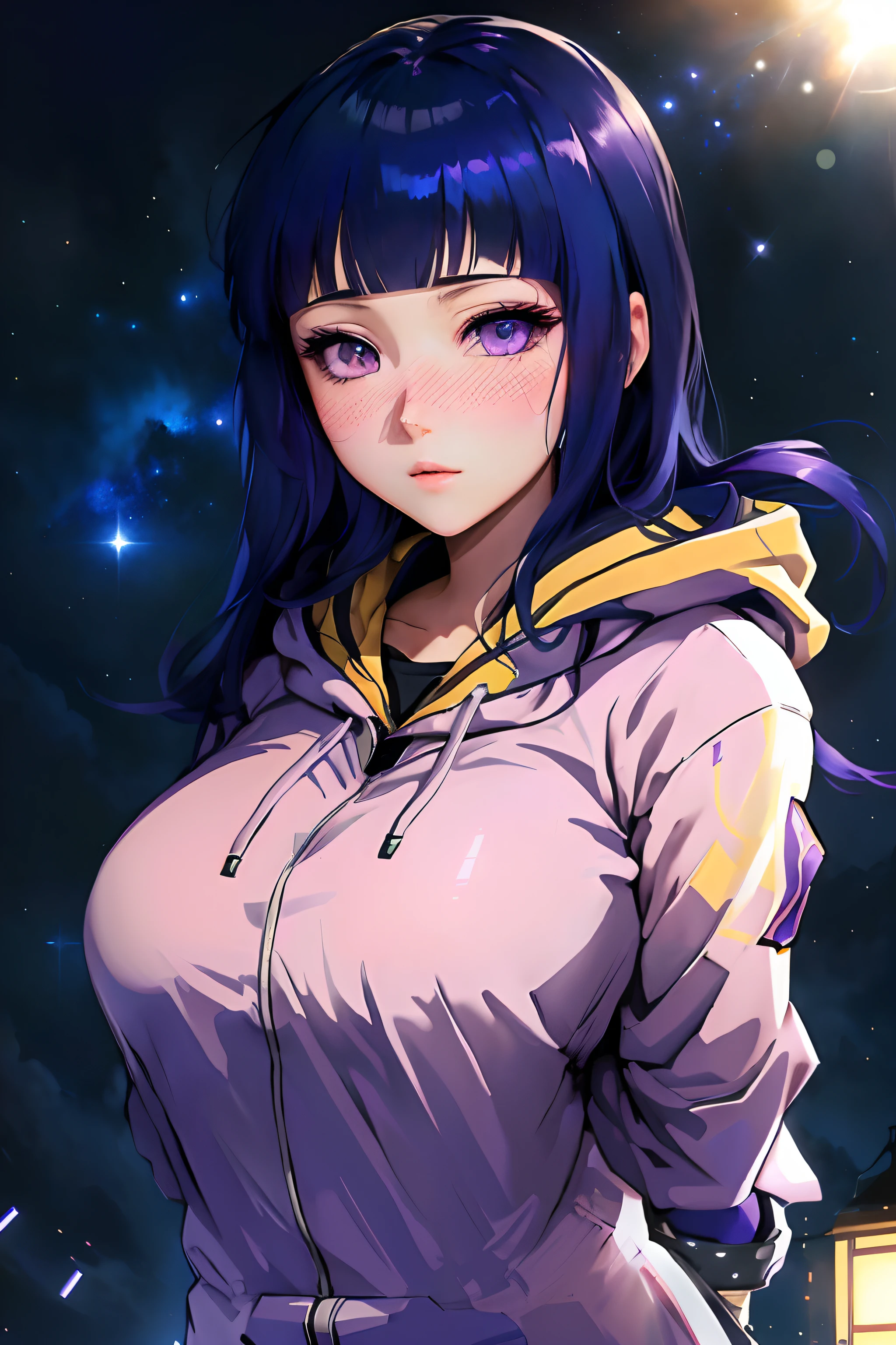 Anime girl with blue hair and purple eyes standing in front of the stars, hyuga hyuga, anime moe art style, Marin Kitagawa fanart, hinata hyuga from naruto, black haired girl wearing hoodie, Portrait Chevaliers du Zodiaque Fille, portrait anime space cadet girl, ecchi anime style, seductive anime girls, High Quality Anime Art Style, anime best girl