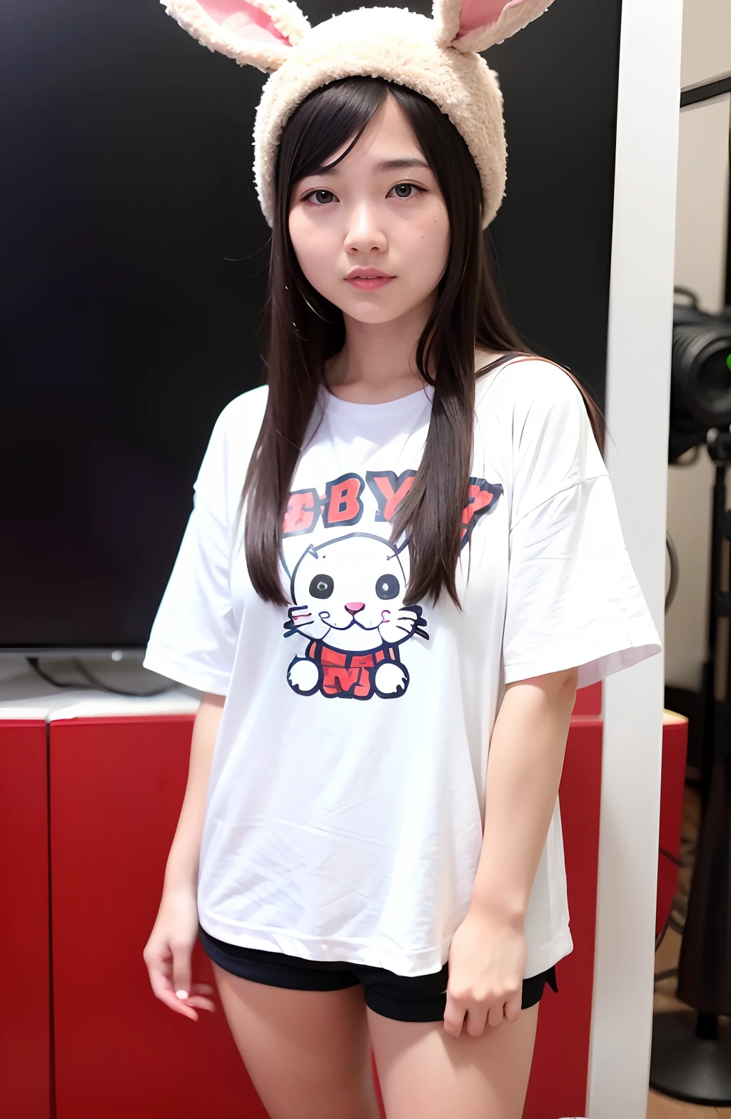Chinese zodiac,Super cute girl with bunny shaped hat,Technology elements,Stylish clothes,Super cute IP by Pop Mart, chi bi,Models,a blind box toy,Fine light,clean backdrop,3Drenderingof,OC rendering,The best quality,4k,super detailing,front-facing view,POP market toys, studio lit,Stand up
