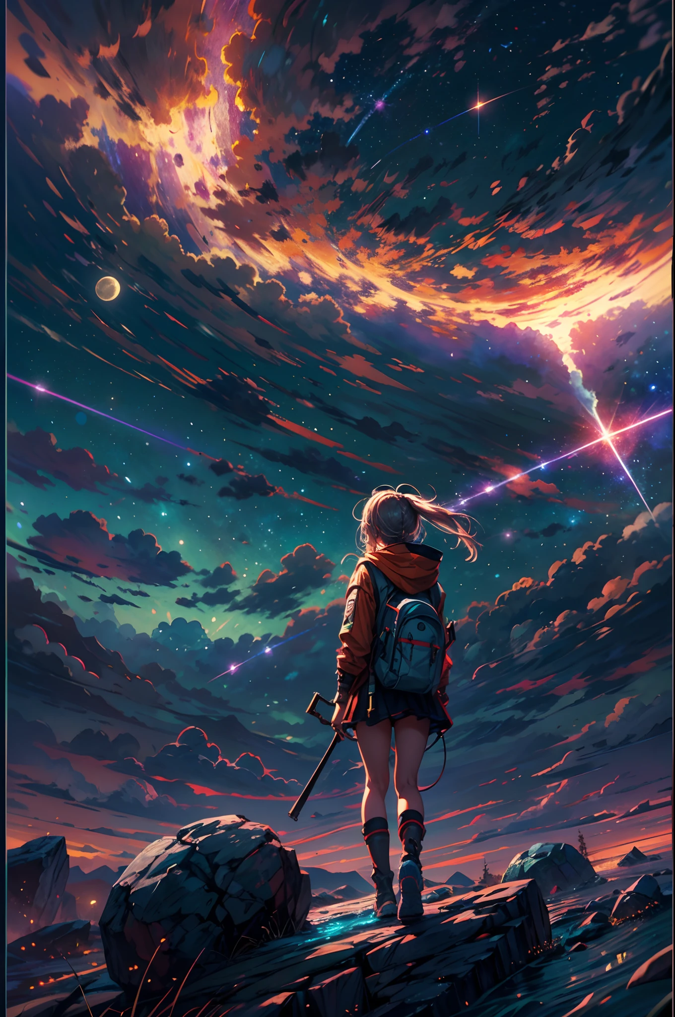 A girl looking at the Starry night, stars, cloud, shooting stars, full moon, looking at viewer BREAK,Detailed,Realistic,4k highly detailed digital art,octane render, bioluminescent, BREAK 8K resolution concept art, realism,by Mappa studios,masterpiece,best quality,official art,illustration,ligne claire,(cool_color),perfect composition,absurdres, fantasy,focused,rule of third