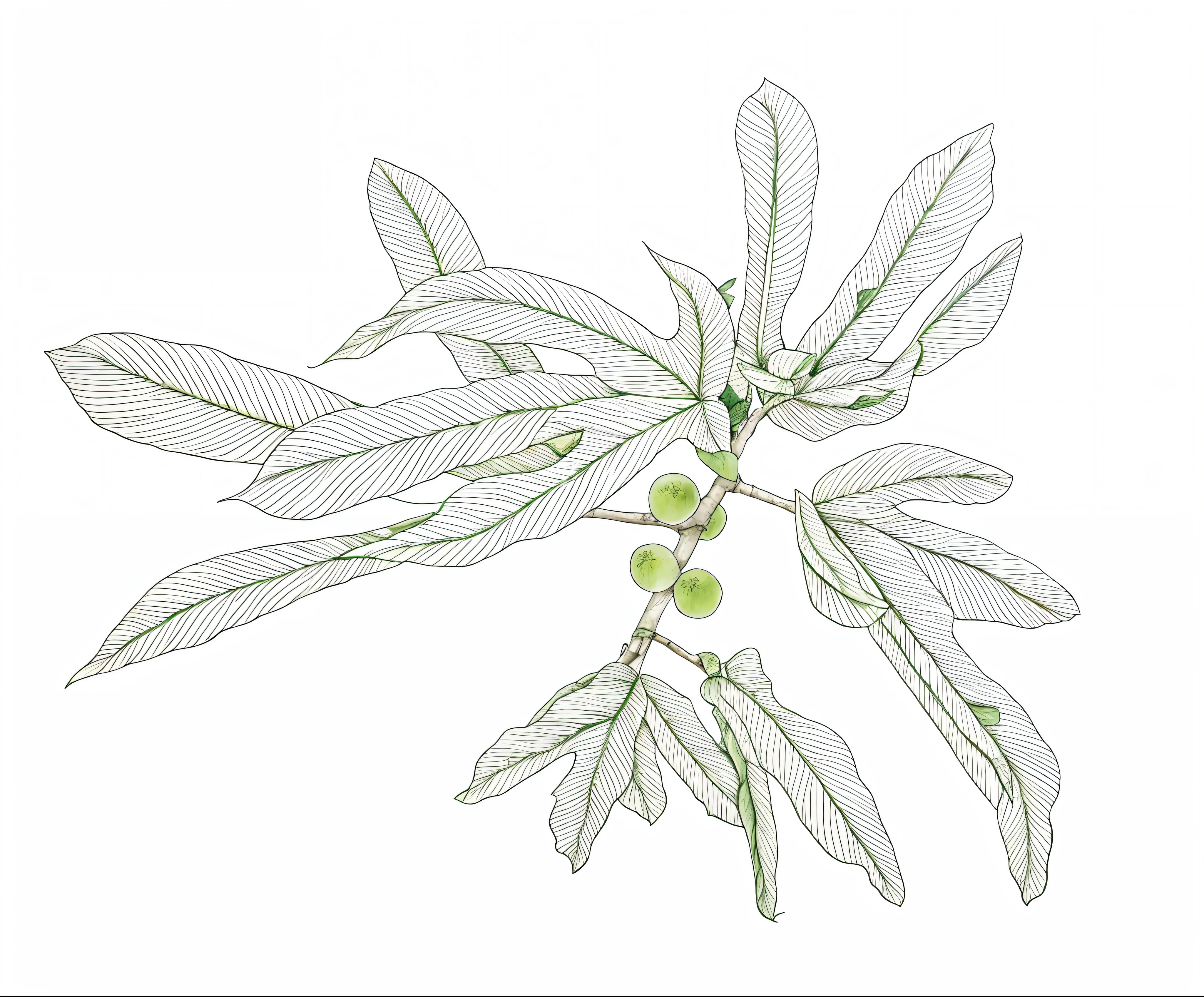 Close-up of thick-leaved plant line drawing of banyan tree,The leaves are palm-shaped,White background,Mono Color,Line drawings,tmasterpiece,Need