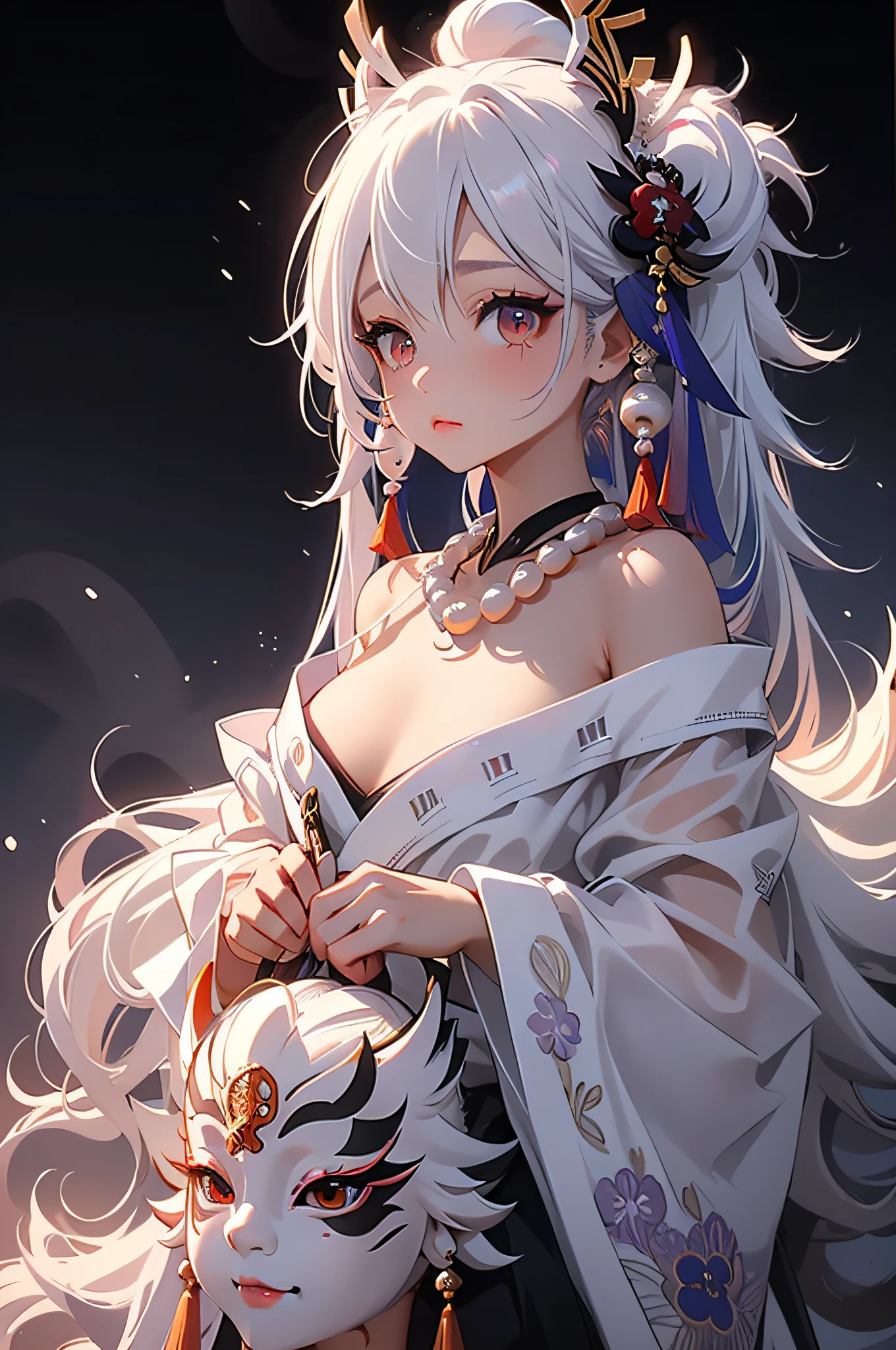 super high quality, masterpiece, Perfect illustration, Very detailed (Exquisite light and shadow, Very dramatic photo,Backlight) , ((Gray Hair:1.5))1 girl, alone, (Wearing Han clothes, Royalty、Black and white Hanfu,Thick fabric,Long sleeve) Flower Field, Flowers, (White smoke:1.3) (Realistic:1.4), Zen Intertwining, Tangled, Official Art, unity 8k wallpaper, Very detailed, Beautiful and beautiful, masterpiece, highest quality, (Dynamic Angle: 1.4), Glowing Skin, (Floating colorful flashes: 1) The most beautiful chaotic shapes, elegant, Brutalist Design, Bright colors, Romantic Depth of Field Exotic_dance, half_naked、((Off the shoulder、medium breasts、Beautiful cleavage、Ruby Necklace))
