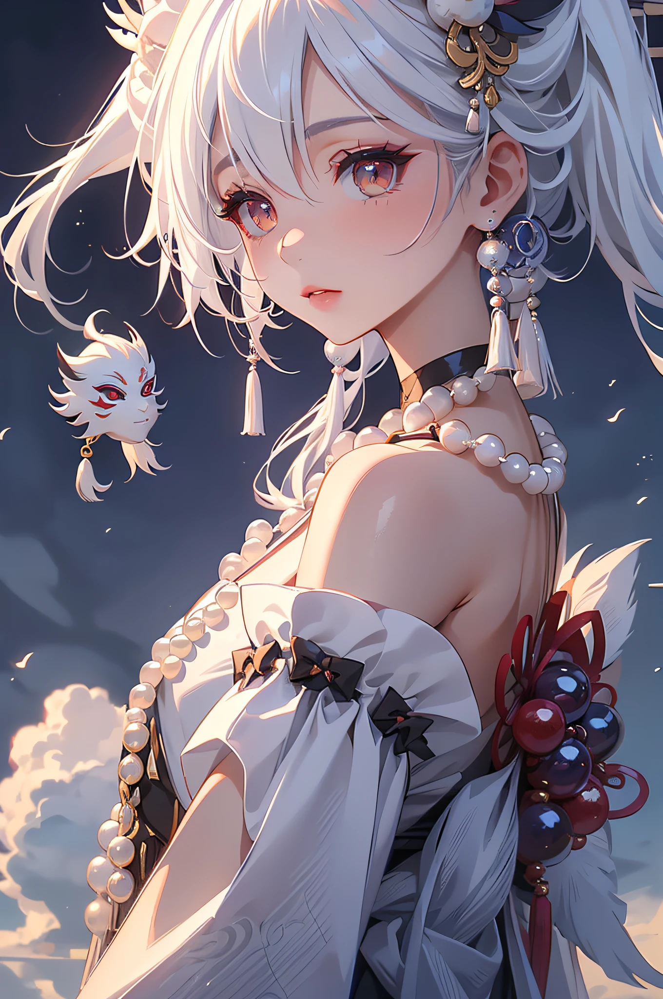 High-definition image quality, magical little girl, (Asymmetrical hair, Side ponytail, Dreamy, Delicate and intricate hair accessories, In the clouds, full bodyesbian, White hair, Gradient eyes, tengu mask, bead necklace, High detail, Chiaroscuro, High quality, Masterpiece, hyper HD