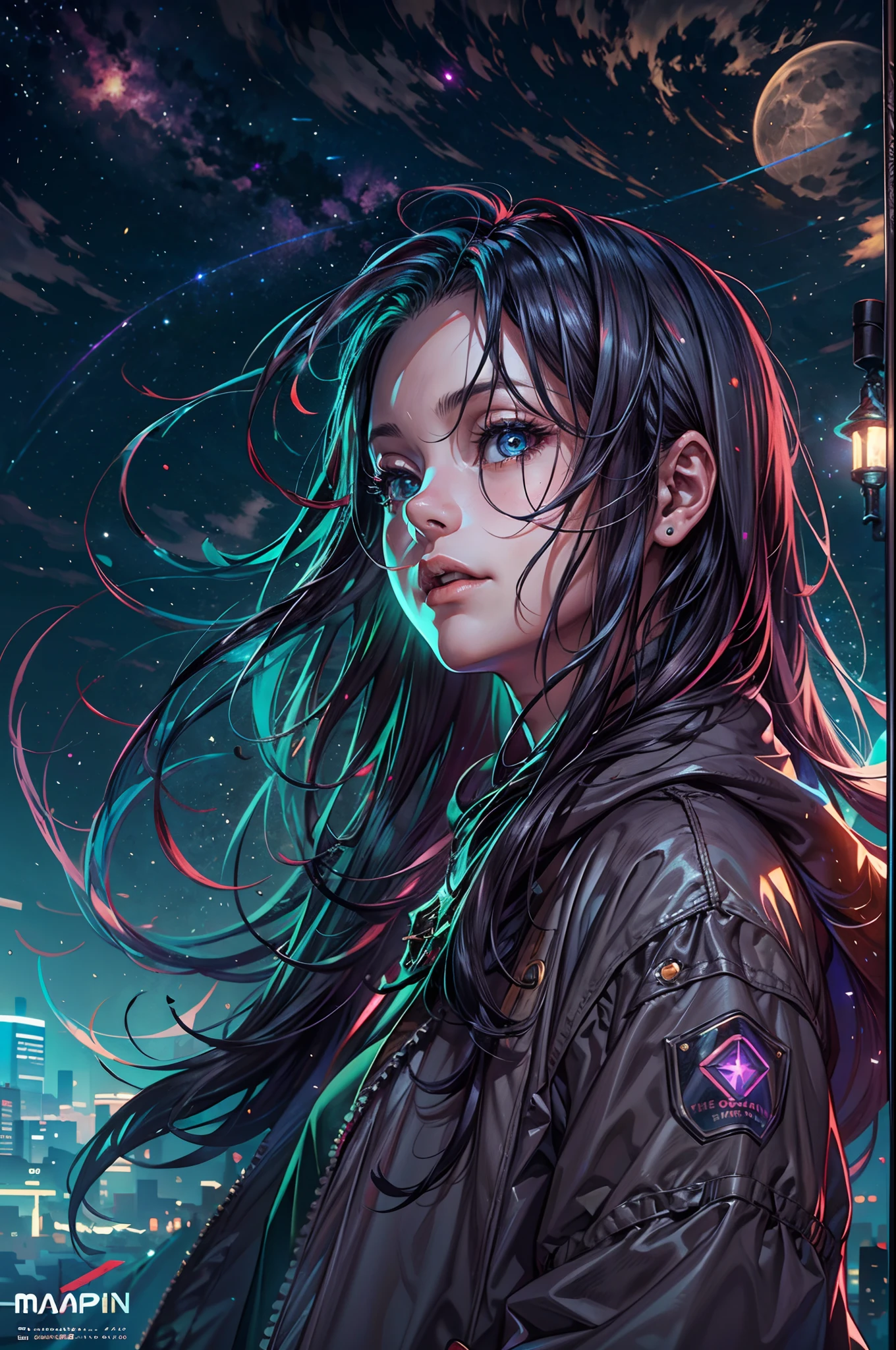 A girl looking at the Starry night, stars, cloud, shooting stars, full moon, looking at viewer BREAK,Detailed,Realistic,4k highly detailed digital art,octane render, bioluminescent, BREAK 8K resolution concept art, realism,by Mappa studios,masterpiece,best quality,official art,illustration,ligne claire,(cool_color),perfect composition,absurdres, fantasy,focused,rule of third
