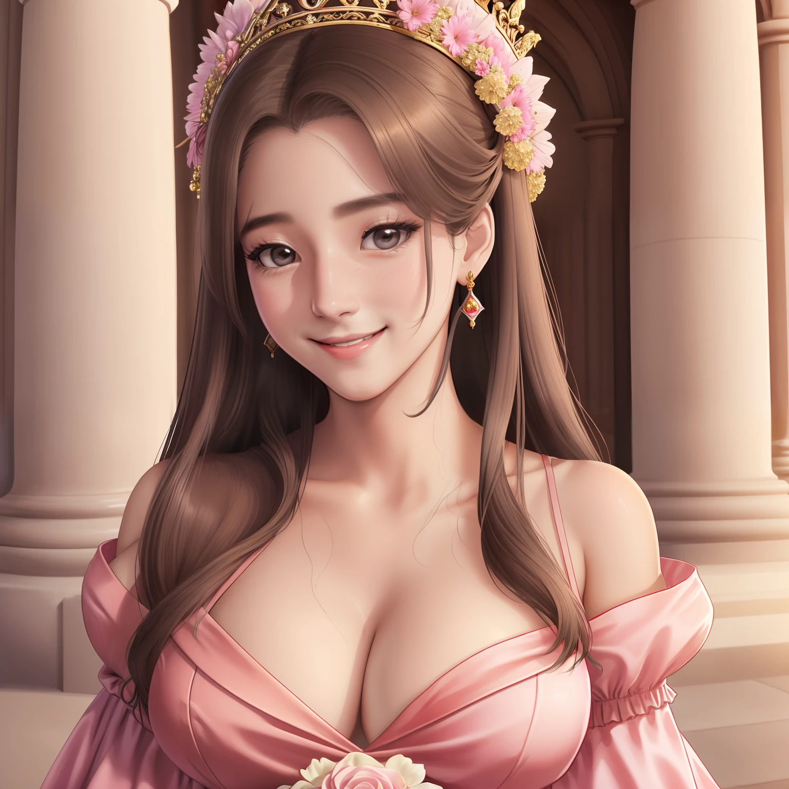 girl,Princess,long wet ponytail brown hair,diamods crown,he tall,sexy pose princess,super big breast,(P cup),,cheerfull,happy and smile detailed face,sexy long princess clothes and long skirt outfit,full body,red peach lips,sitting on royal palace,princess hold a bouquet of flowers,princess drinking tea,in the crowd royal palace,her nose was red on royal palace