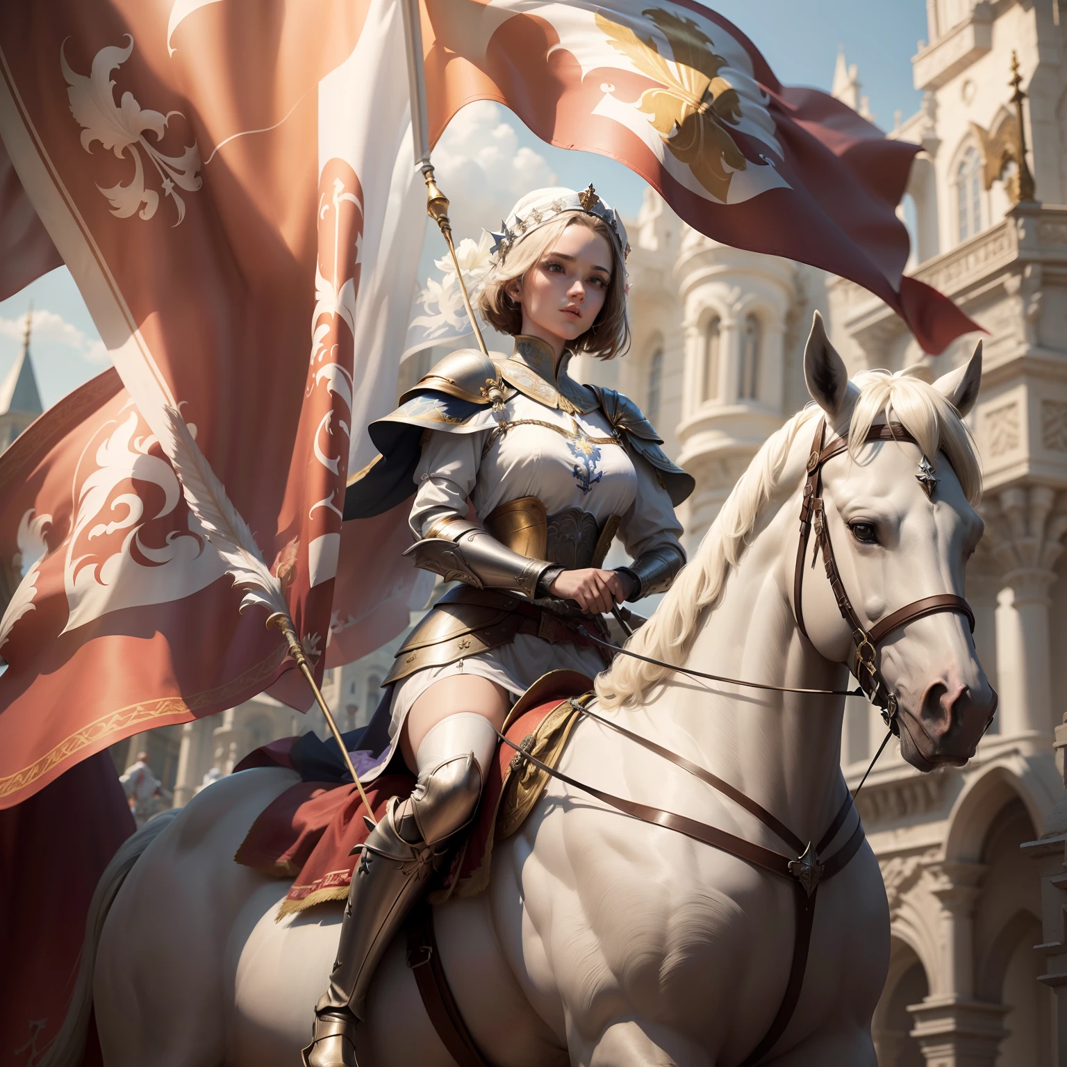 (((Fleur-de-lis))) a dynamic image of beautiful Joan of Arch with short (bobbed) brunette hair, wearing white armor with a red cross emblazoned on the chest-plate, riding a realistic beautiful white Rearing white horse who is standing, holding aloft a branner flag depicting the (((Fleur-de-lis))), lily symbol of royal France, photorealistic, hyper-detail, 24k resolution.