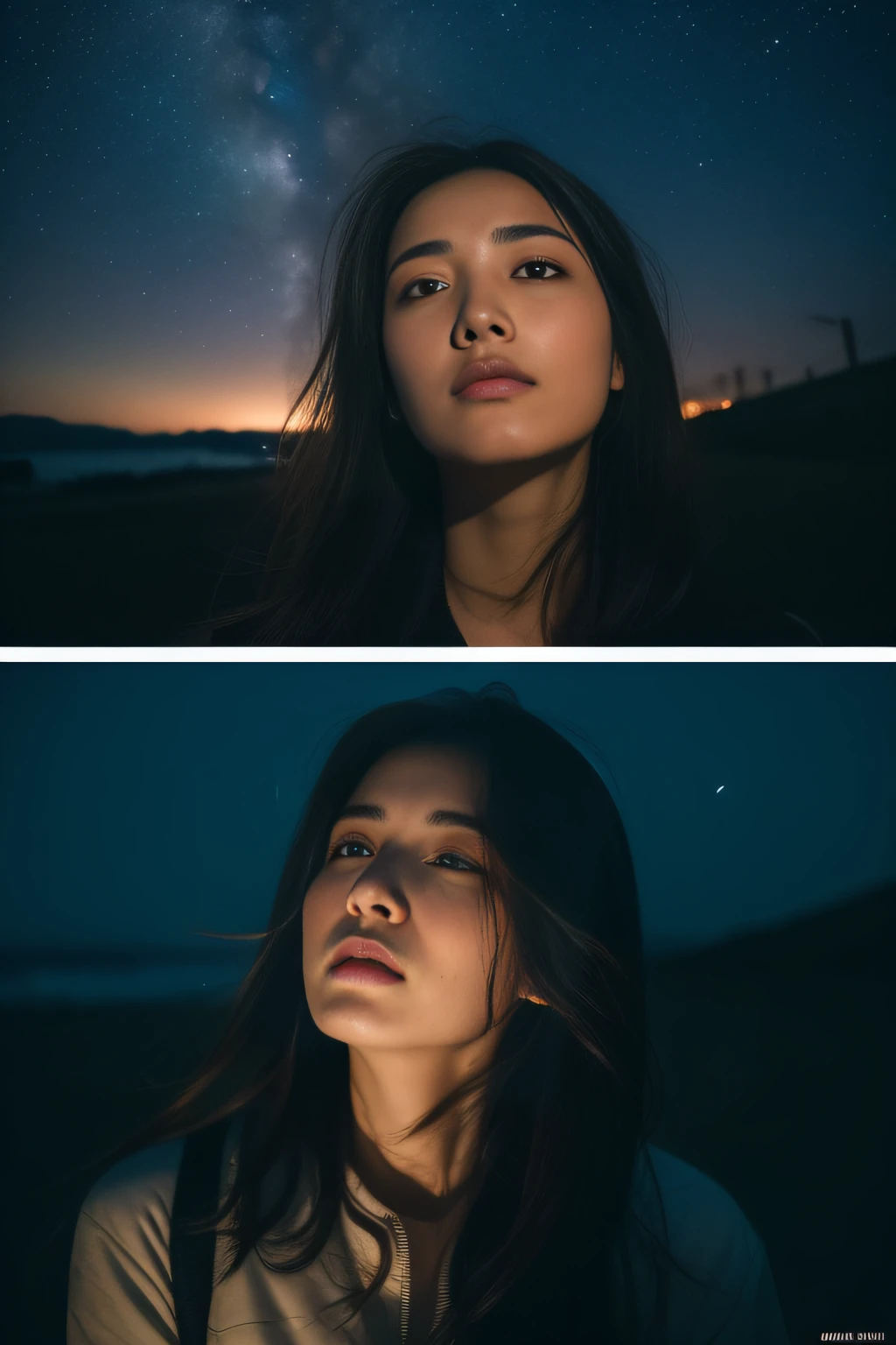 (masterpiece、top-quality、high-level image quality、ultra res,in 8K), (Raw foto:1.2), (Photorealsitic:1.4), (beautiful a girl:1.3,Sexy Woman:1.3,japanes,Good looks、Alone),Woman in anguish and despair,Beautiful and tender photos of physically and mentally tired women、年轻、The emotional landscape reflects her spirit、Cool breeze blows、(Late Summer Night Sky、night star、intergalactic,Midnight night sky)、Looking up at the midnight sky、jpn、professional photograpy、Night on the Galaxy Express、((Romantic even in the middle of the night,Photographed with love))、