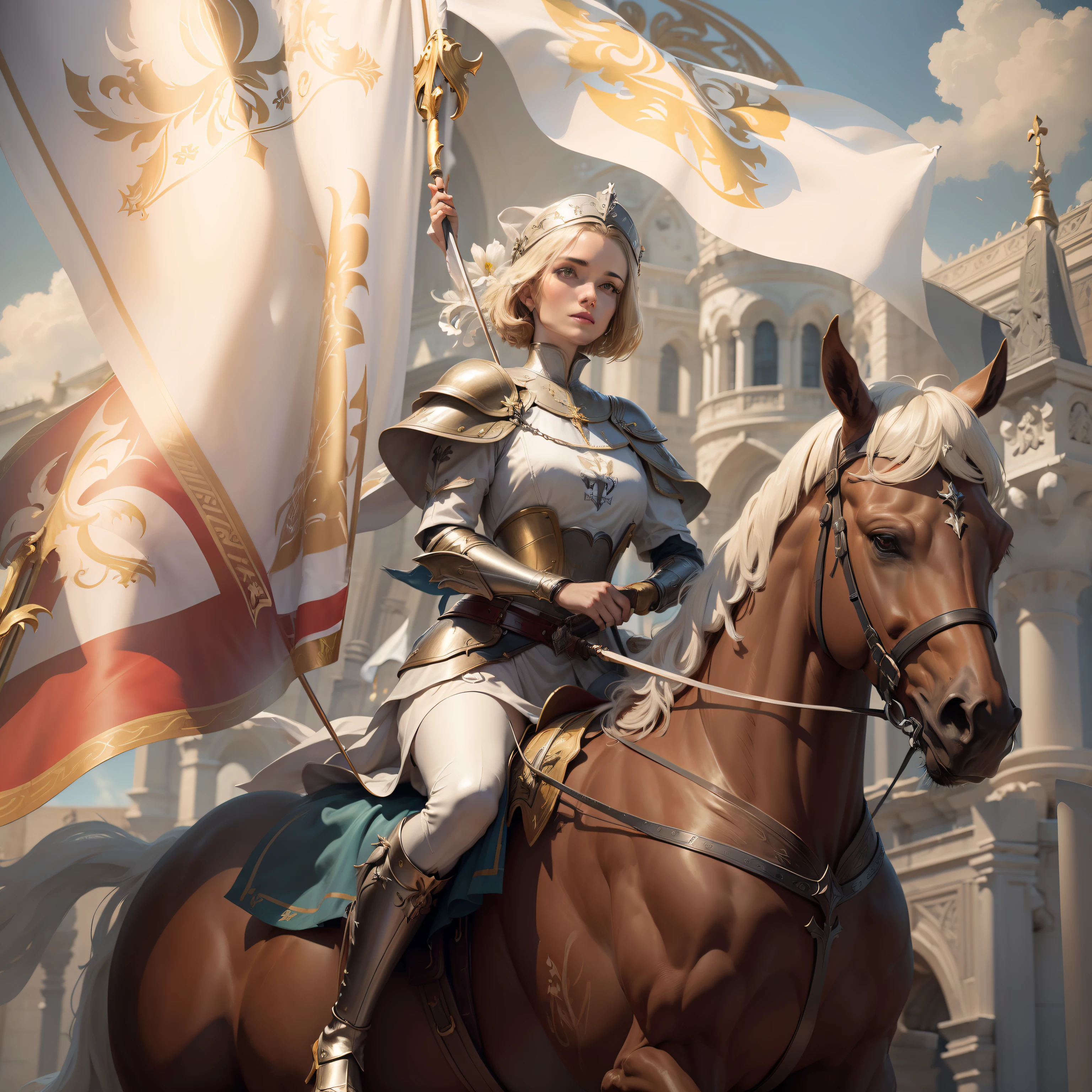 (((Fleur-de-lis))) a dynamic image of Joan of Arch with short (bobbed) hair, wearing white armor with a red cross emblazoned on the chest-plate, riding a Rearing white horse who is standing, holding aloft a branner flag depicting the (((Fleur-de-lis))), lily symbol of royal France, photorealistic, hyper-detail, 24k resolution.