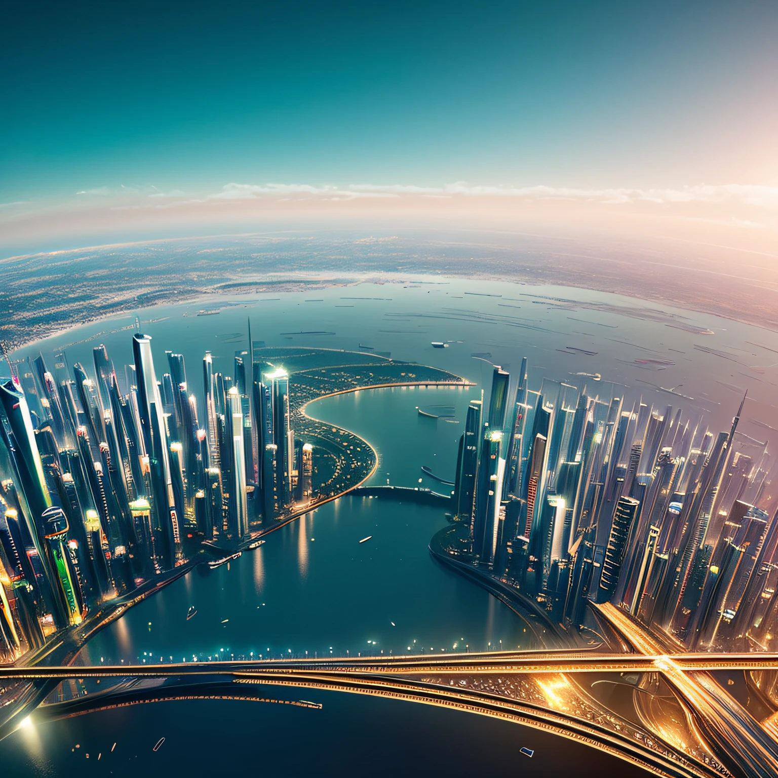 Uma grande cidade futuristica em um planeta com dois sois, high detail, Futurism, cinematic lighting, reflection light, atmospheric perspective, panorama, f/4.0, Nikon, UHD, super detail, high details, high quality, best quality, 8k