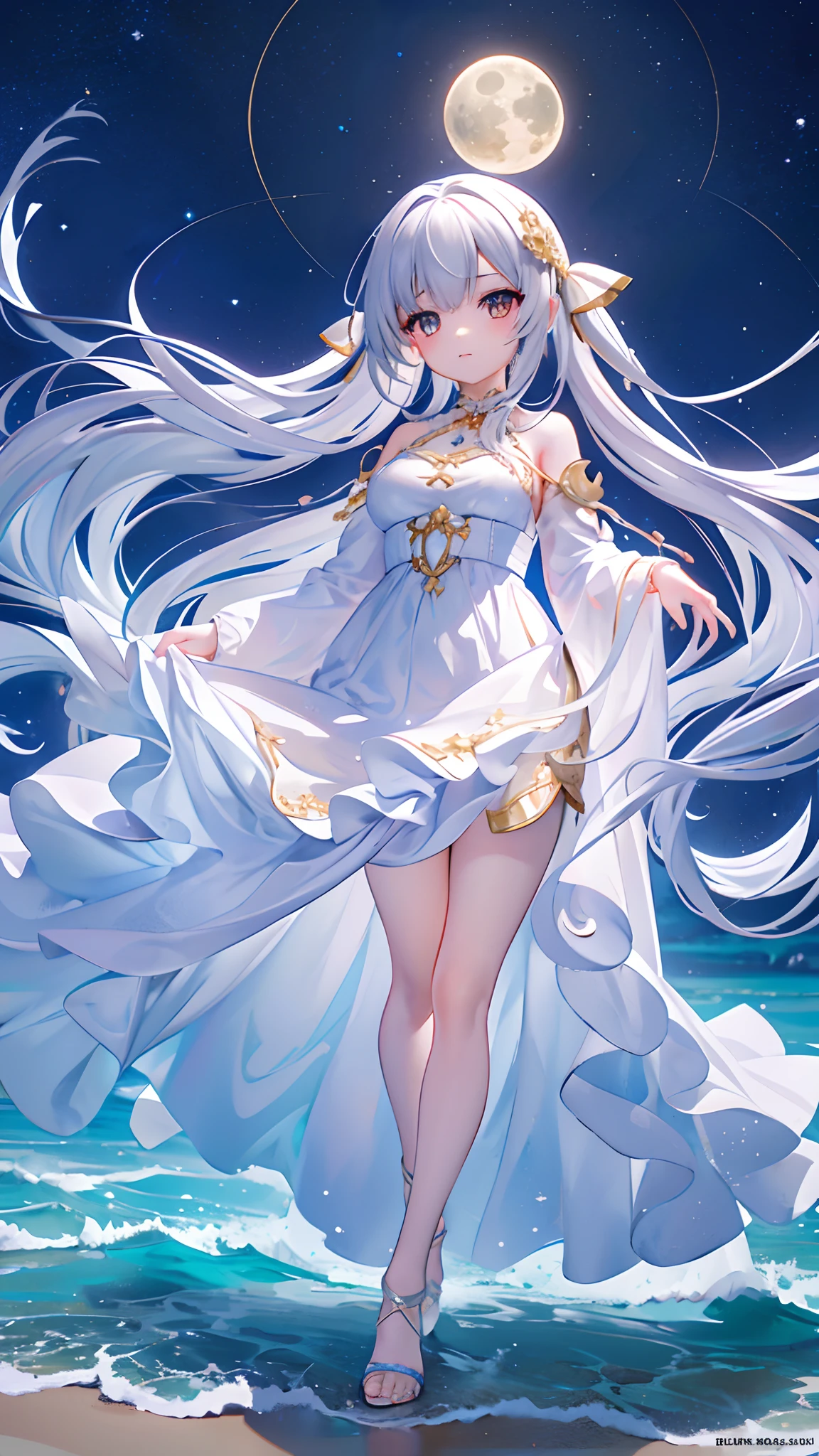 Appearance:
Hairstyle: Long blue hair with silver highlights、Eyes that shine like moonlight: Deep purple, starry eye skin: Pale pale、Glowing skin clothing:
tops: Lightweight chiffon blouse、Pastel or light floral bottoms: Flowing long skirt、topsと同じく淡いトーンやフローラル柄
アクセサリー: Moon and star motif jewelry、Star-shaped earrings、Hat with moon pendant around neck: Wide straw hat、Sandals decorated with ribbons and stars: Light and simple sandal shape:
height: Approximately 155 cm weight: About 45 kg: Slim and elegant figure、Others with subtle femininity: No feather decoration on the back、Overall, it has an elegant and lovely atmosphere.