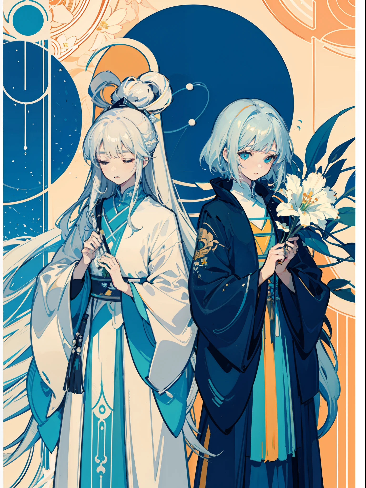 two girls praying, white and blue hair, close eyes, style of figurative minimalism, warm color palette, utilitarian, organic shapes and lines, illustration, danish design, facing front, bright light, bright color, realistic light and shadow, wild flowers background, flat illustrations --ar 9:16 --niji 5 -