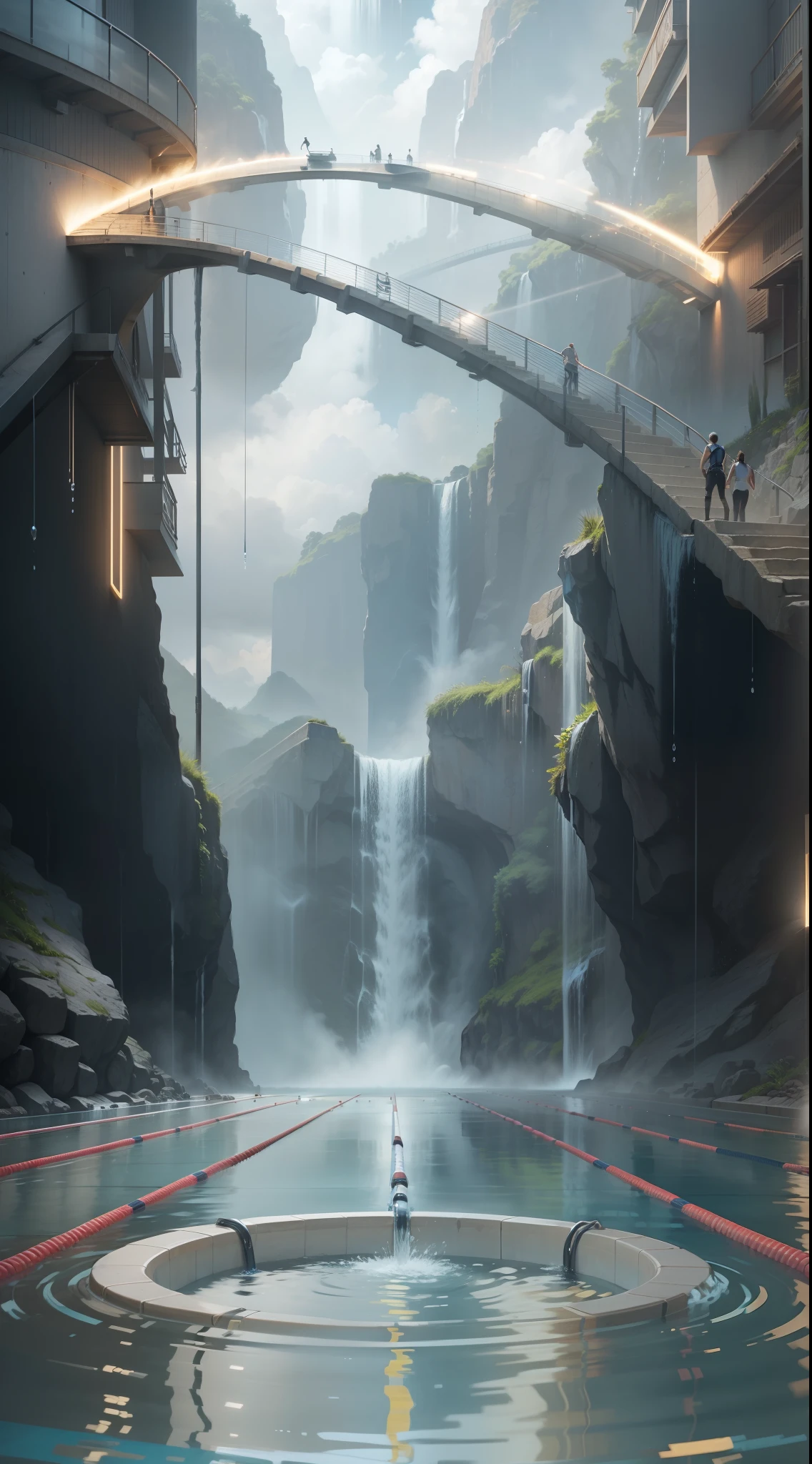 At the bottom is the swimming pool,Professional track,The background is a waterfall,water flowing,Splashing waves,Realisticstyle,Realiy,keyframe,An arrow in the air made of water,Strong sense of three-dimensionality,a sense of atmosphere,Strong sense of space