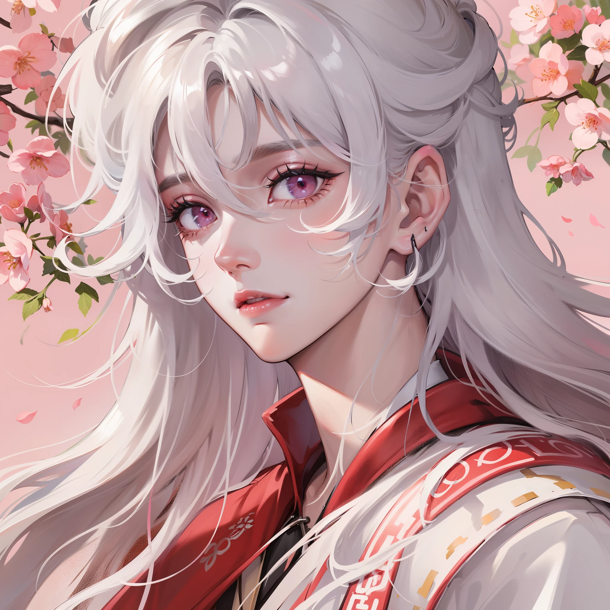 1male people,long white hair,Pale pink eyes,Pure white robe,Peach blossom background,Face portrait
