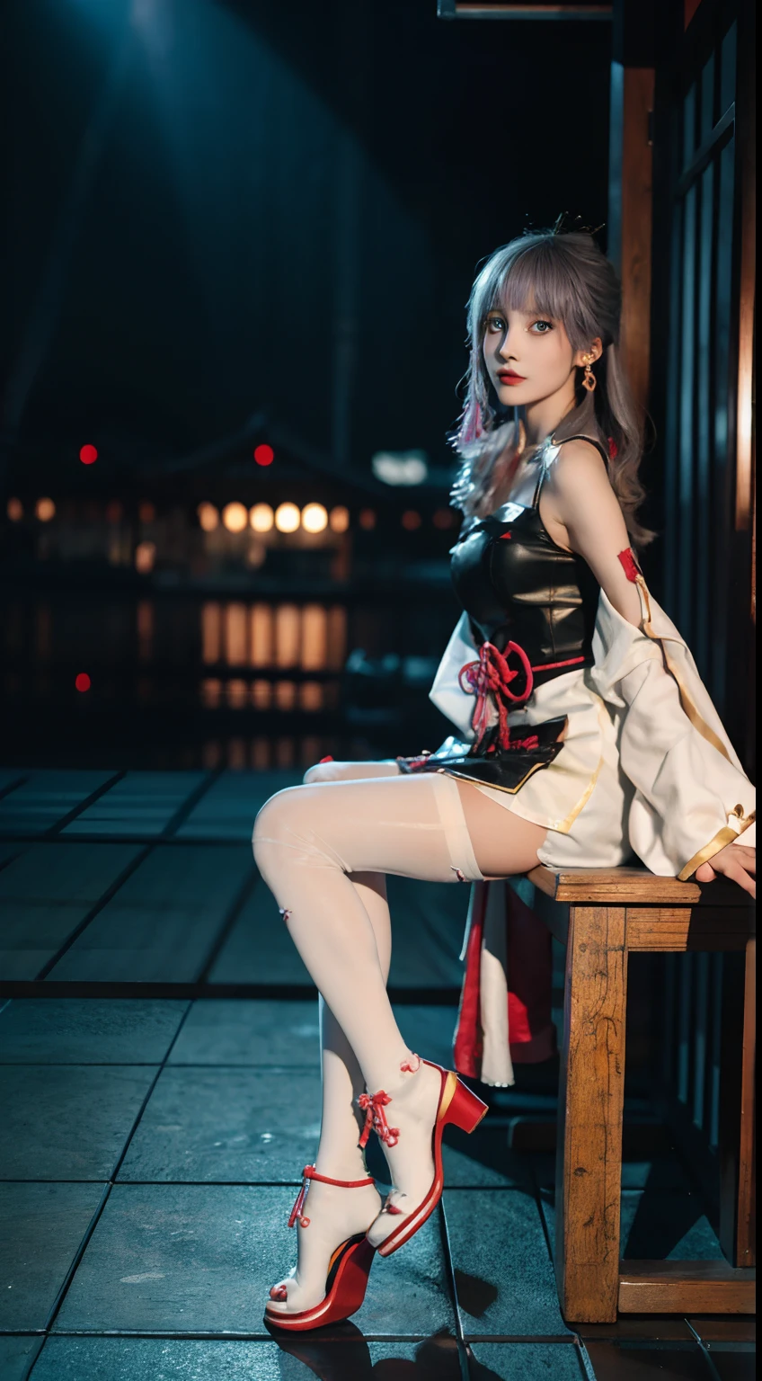 (1girll_1.3),Kamisato_(the original god),A high resolution,ultradetailed,Solo,Big long legs,White dress,hand on her own chest,),(RAW photo:1.2),((Photorealistic:1.4))Best quality ,Masterpiece, illustration, An extremely delicate and beautiful, Extremely detailed ,CG ,Unity ,8K wallpaper, Amazing, finedetail,Best quality,offcial art,Extremely detailed Cg Unity 8K wallpaper,absurderes, unbelievable Ridiculous, huge boob, Ultra detail, A high resolution, Extremely detailed,Beautiful detailed girl, Extremely detailed eyes and face, Beautiful detailed eyes,light in face,Cinematic lighting,1girll,full bodyesbian,full body shot of,See-through,view the viewer,Outdoors,(purple_Eyes), Detached_Sleeves, dress, Earrings, mitts, Pantyhose, High_Heels,white legwear,Red Japanese clogs,