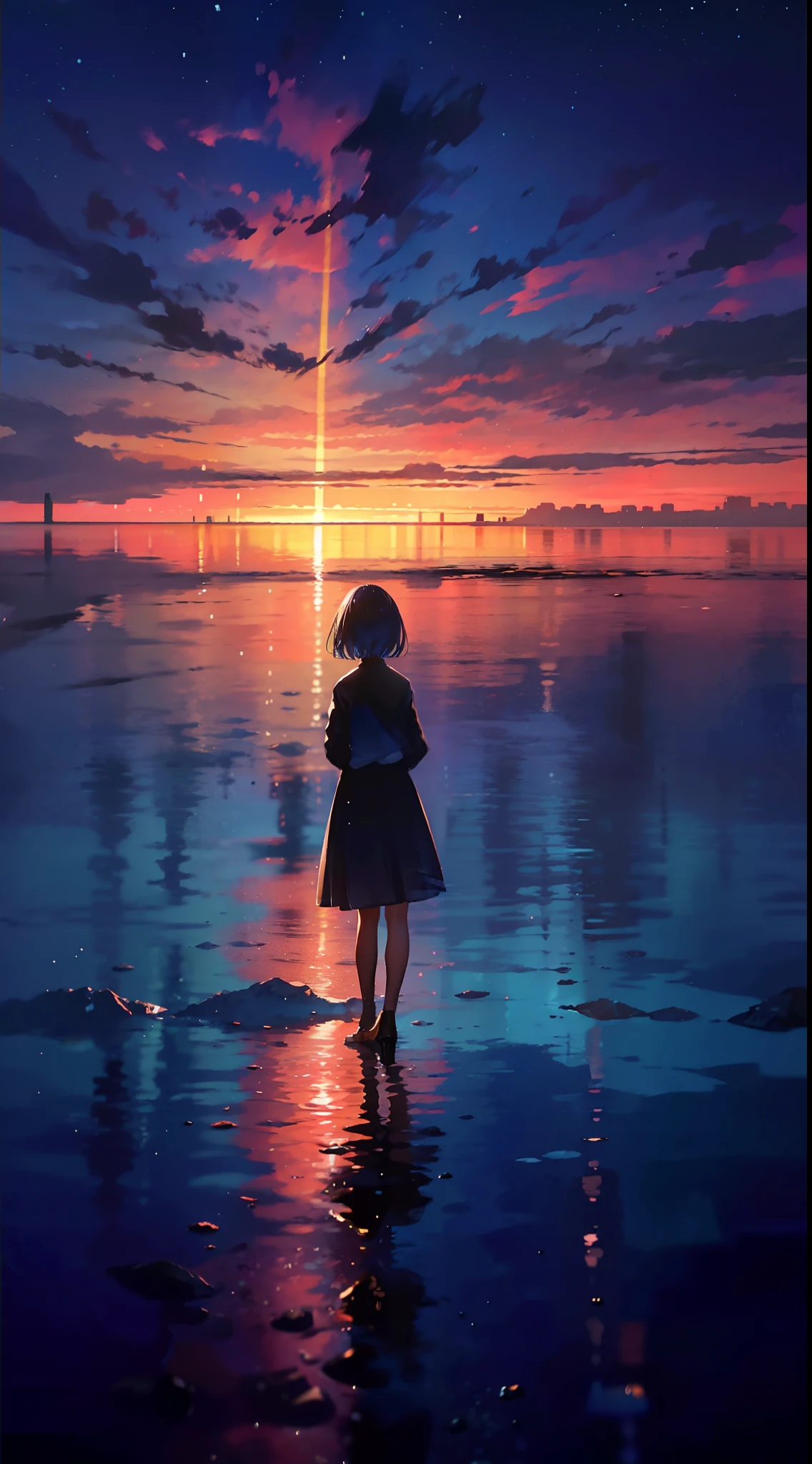Anime girl standing on the beach looking at the sunset - SeaArt AI