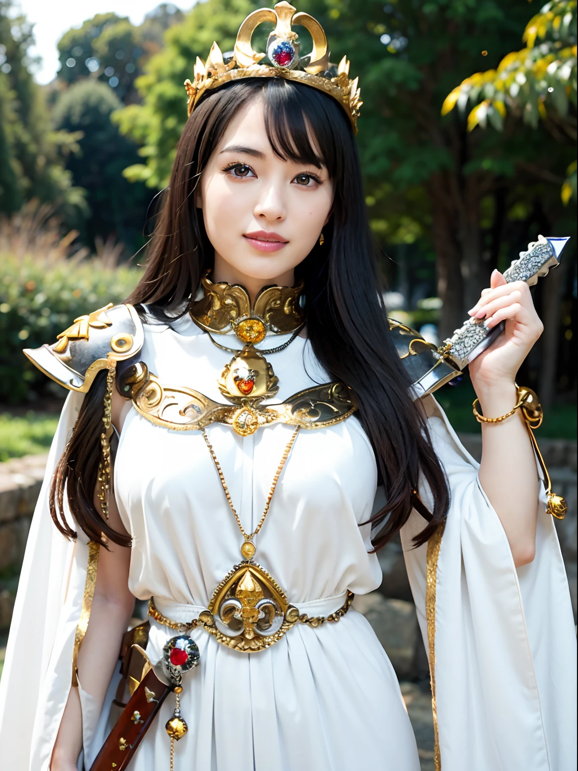 (masutepiece), Professional , ​masterpiece、top-quality、photos realistic , depth of fields （Gemstone Silver Metal Body:1.９),(Matte White、Jewel Gold Weapon（Jewel Metal Body:1.４),Gorgeous metal weapons , Detailed Sword of the Brave , Beautiful knife   ,warhammer 40k , adepta sororitas,Detail and ornate jewel crown、Black hair、Gangle's forest background、Beautiful Caucasian beauty、１a person、dynamic ungle,(((Detailed and ornate diamond crown)))、Smaller head、A smile、Take a sexy pose、Background inside the castle、Thin and beautiful female hands、