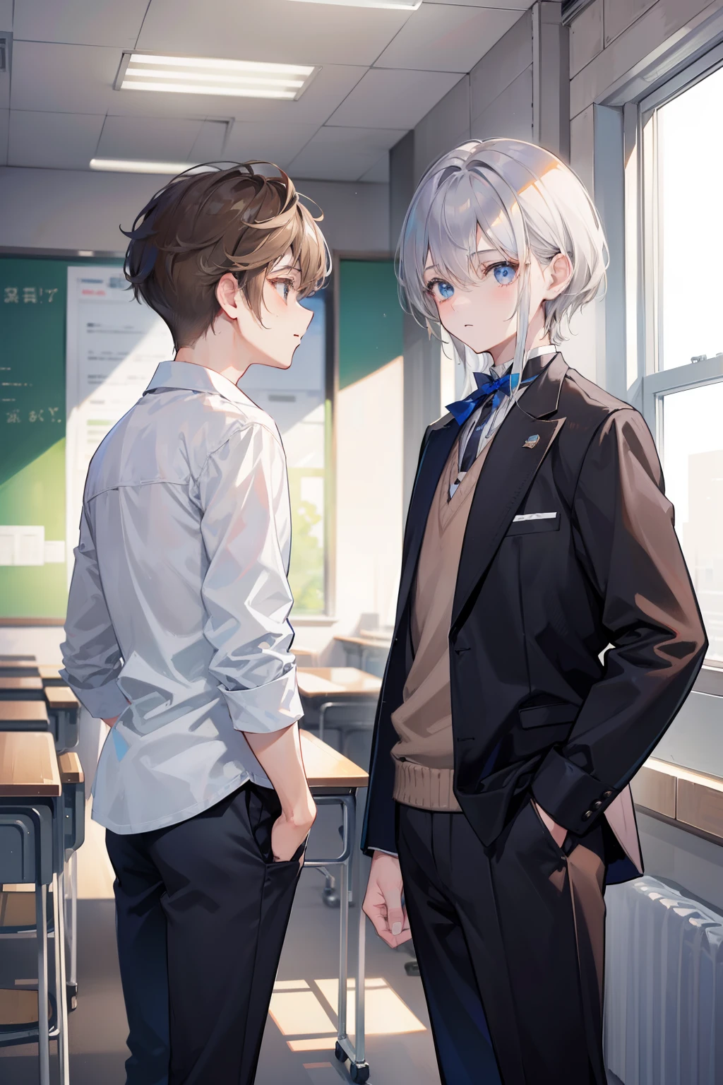 Two Boys, Silver-haired boy and brown-haired boy, Talking、Empty classroom、Boys Love、hight resolution、ultra-detailliert