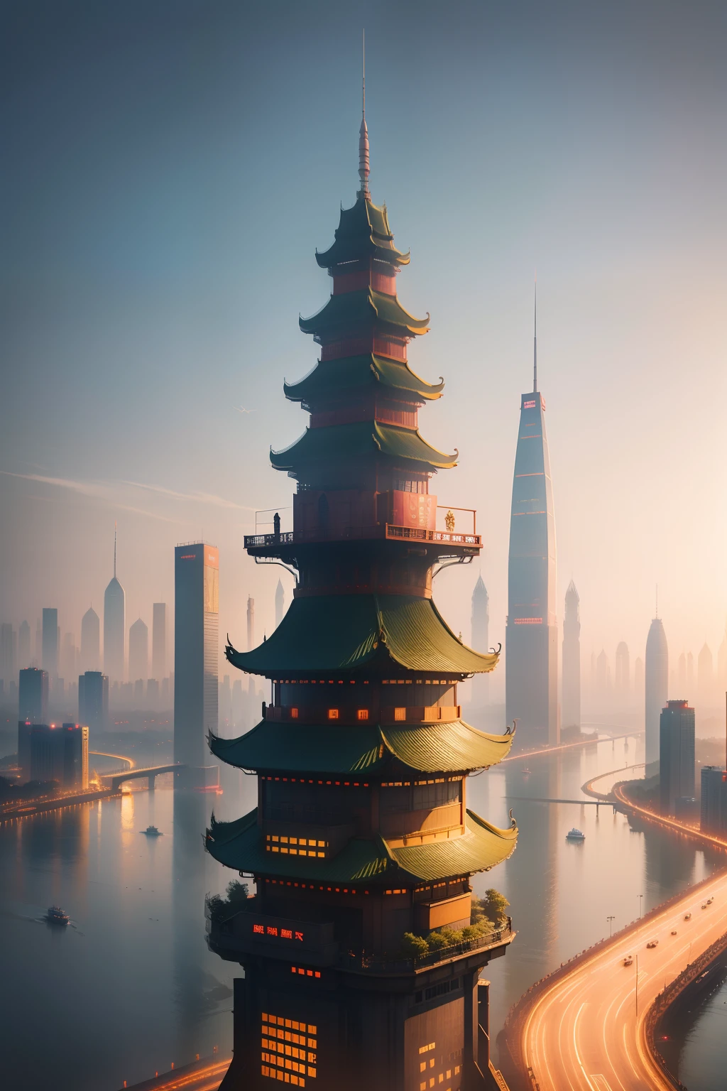 Wuhan,cyber punk perssonage,dreamy background,8k,k hd,super-fine,Wuhan architecture,Yellow Crane Tower background,Yangtze river bridge,Dreamy Unreal,Two-dimensional scene