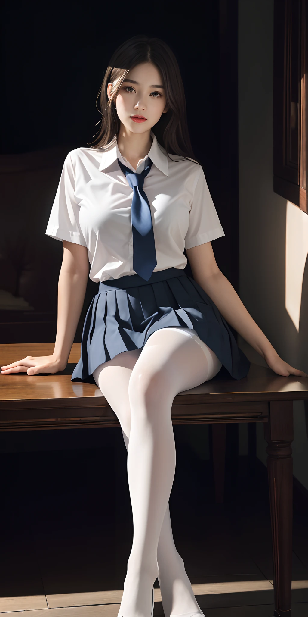 (masterpiece:1.2, highest quality), (realistic, photorealistic:1.4), beautiful illustrations, (natural side lighting, movie lighting), Depth of written boundary, 
looking at the viewer, Front view, 1 girl, Japanese, high school girl, 16years old, perfect face, Cute symmetrical face, shiny skin, open legs,
(bob hair:1.7,blonde), asymmetrical bangs, Big eyes, droopy eyes, long eyelashes chest), thin, 
beautiful hair, beautiful face, fine and beautiful eyes, beautiful clavicle, beautiful body, beautiful breasts, beautiful thighs, beautiful feet, beautiful fingers, 
((fine fabric texture, brown knit vest, short sleeve white collar shirt, navy pleated skirt, Navy bow tie)), 
(beautiful scenery), evening, (Inside the flower shop), Are standing, (smile, Upper grade, open your mouth),  ((skirt lift)), ((micro panties, genitals visible)), full body shot, dark blue socks, sexy face, inverted nipples,