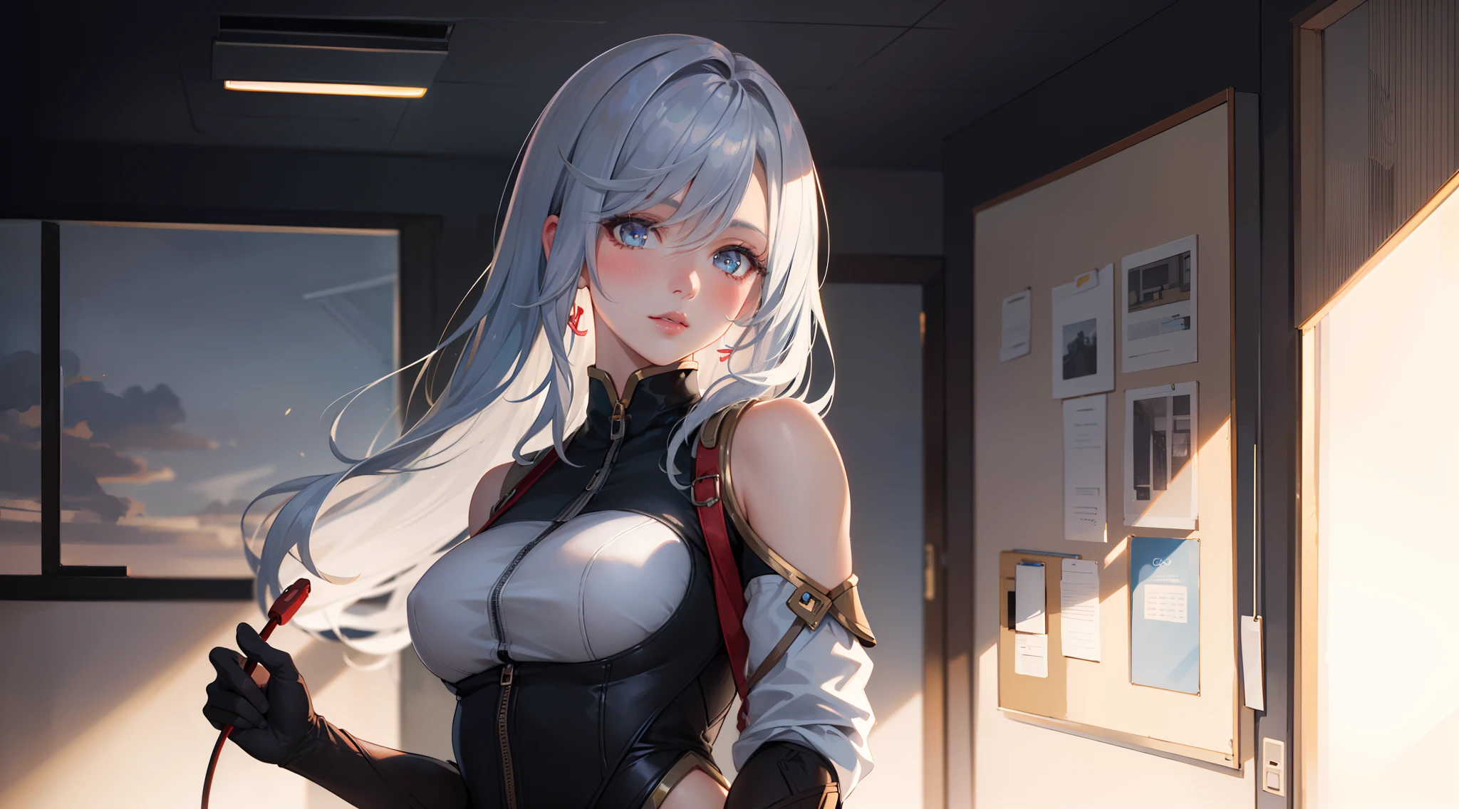 electrician girl, electrician suit, upper body, seductive look, blush, indoors, in office, looking at viewer, cloudy, moody lighting, (perfect detail eyes:1.2), glowing eyes, (long hair:1.2), elemental skill effect, (Masterpiece, Best Quality, High Quality:1.4), professional artwork, Intricate Details, field of view, sharp focus, detailed painting, photorealistic lighting, trending on pixiv, (vivid lighting, vibrant colors:1.05), realistic shadows, ambient occlusion, (athletic body:1.3), mature woman, 30yo, shenhe, hyperdetail eyes, beautiful eyes, (((solo:1.4))), semi-realistic hair