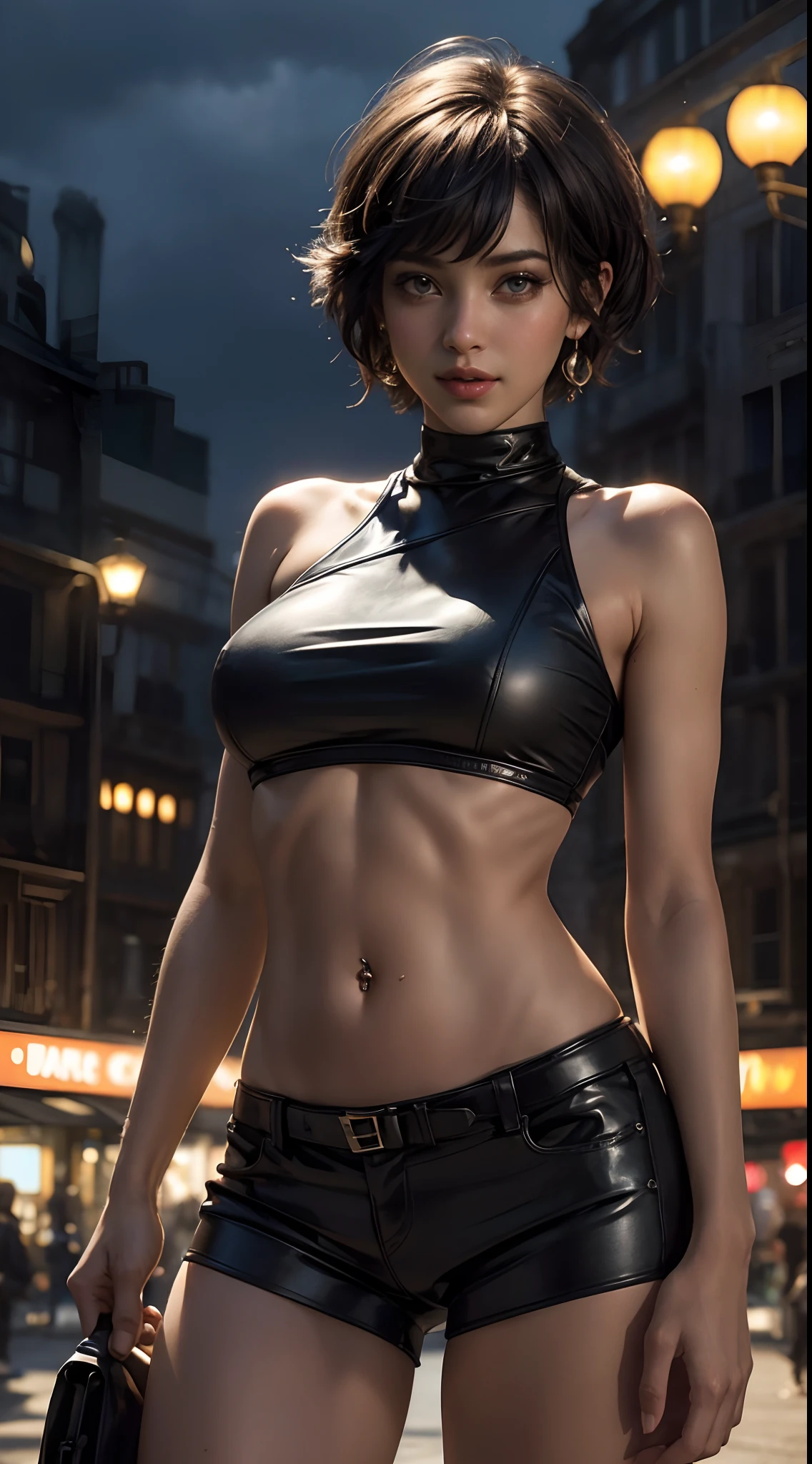 Sexy Dakotaskye smiling at you in the middle of a crowded outdoor night-time rave, (realistic face:1.3), (Pixie cut hair),(Busty:1.2), revealing Crop top, (underboob:1.2), tight abs, (navel piercing:1.2), low cut latex hotpants, cameltoe, perfect body, deep tan, (sweating.1.2), happy expression, hand on hip, High Contrast, volumetric lighting, candid, Photograph, high resolution, 4k, 8k, Bokeh