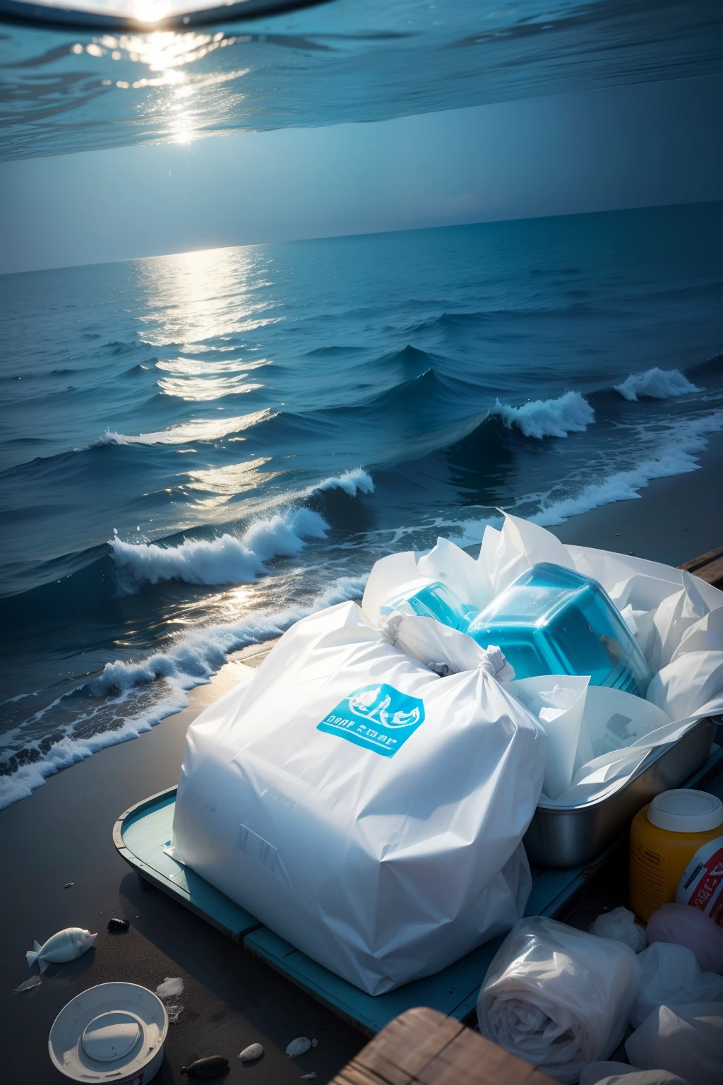 All kinds of garbage at sea,plastic bag,Mineral water from the ocean,On the surface of the water