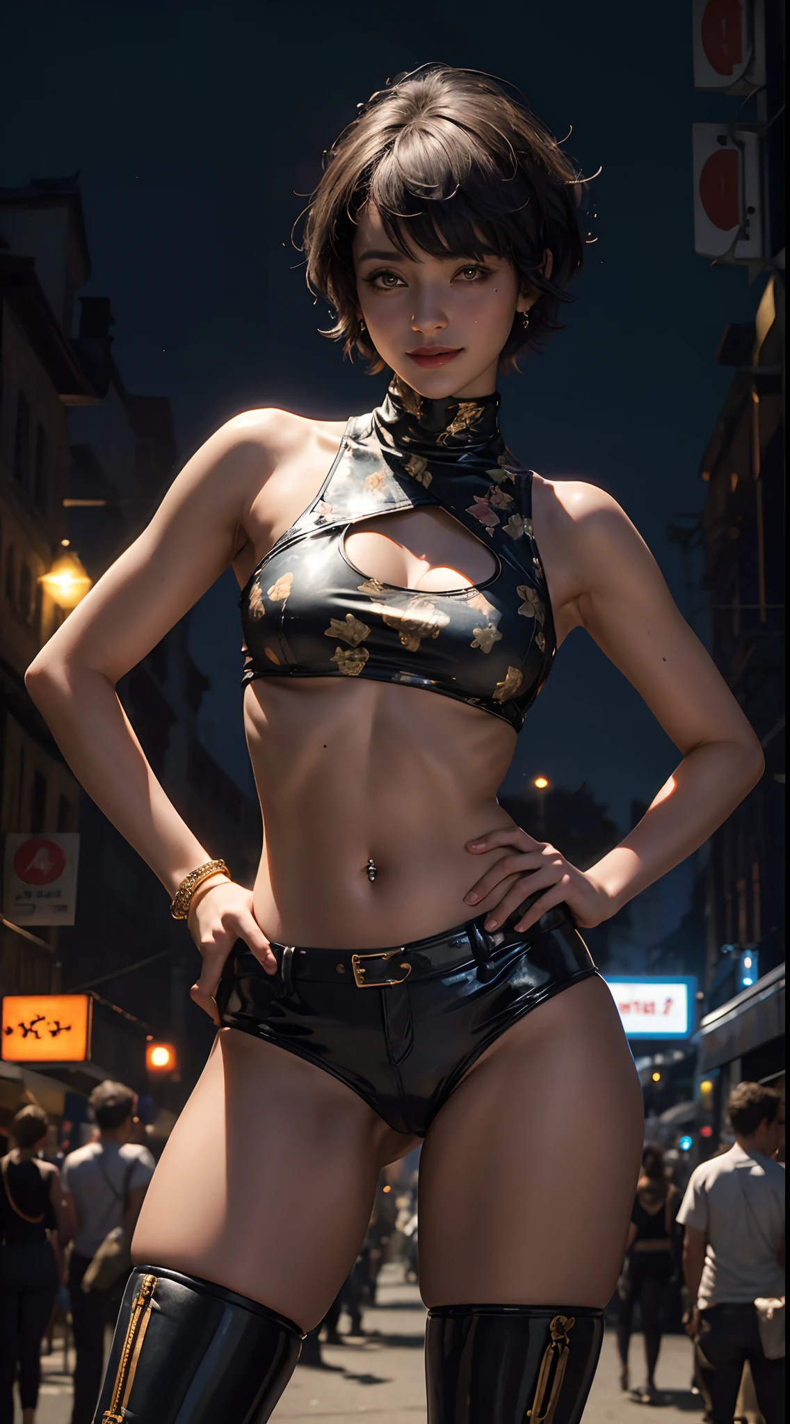 Sexy Dakotaskye smiling at you in the middle of a crowded outdoor night-time rave, (realistic face:1.3), (Pixie cut hair),(Busty:1.2), revealing Crop top, (underboob:1.2), tight abs, (navel piercing:1.2), low cut latex hotpants, cameltoe, perfect body, deep tan, (sweating.1.2), happy expression, hand on hip, High Contrast, volumetric lighting, candid, Photograph, high resolution, 4k, 8k, Bokeh