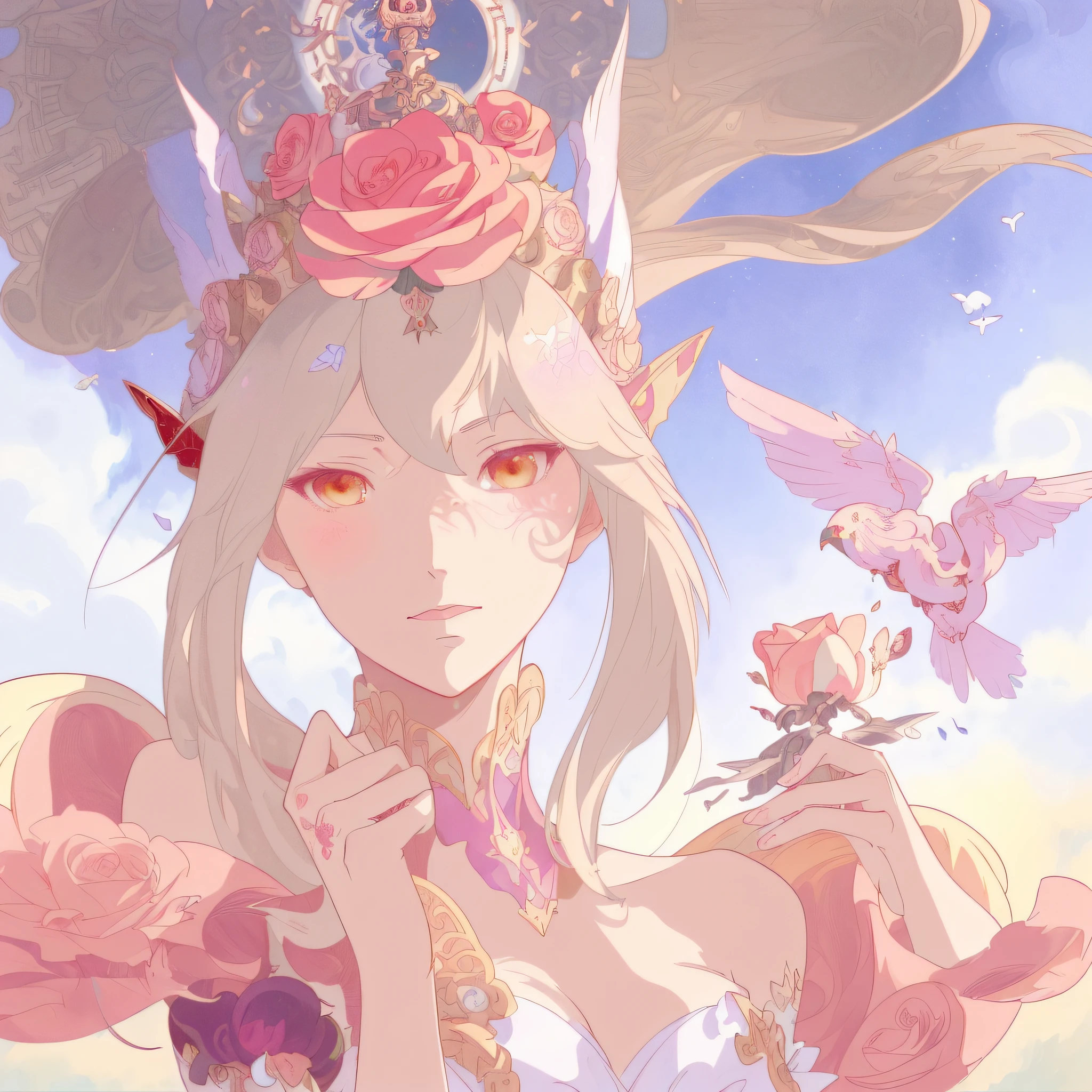Anime girl with roses in her hair and bird in her hand, Alphonse mucha and rossdraws, ((a beautiful fantasy empress)), Digital art on Pisif , Pisif, Anime fantasy illustration, beautiful fantasy anime, Guviz, Guweiz in Pixiv ArtStation, crown of mechanical peach roses, Beautiful anime artwork, Anime goddess