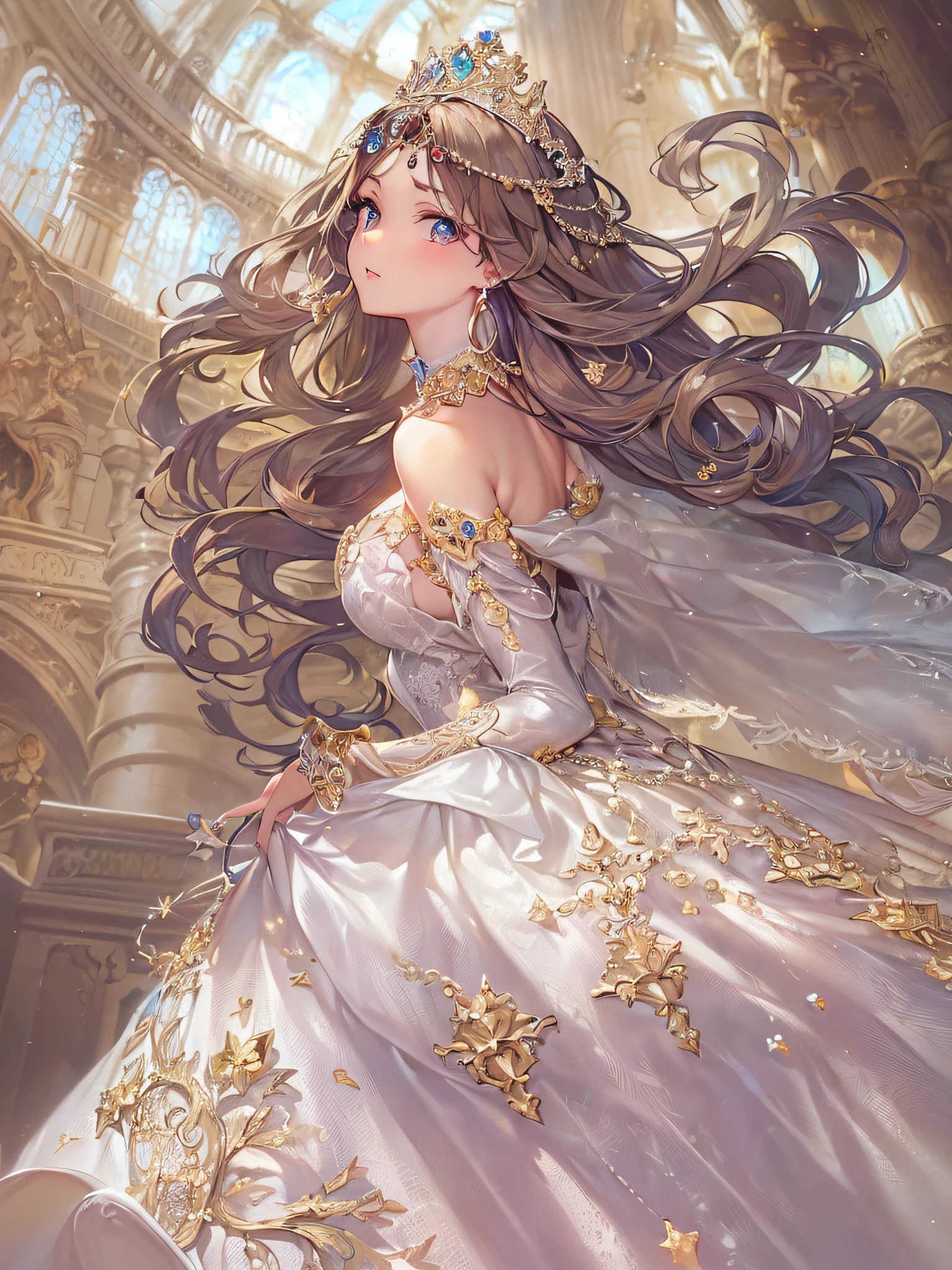 ((anime artstyle)),(Masterpiece),(Best Quality), (Super Detail),((Very Delicate and Beautiful)),(((Solo))),((full body portrait)),(((1 princess in gorgeous rococo princess ballgown with voluminous full length hoop skirt))),((crinoline)),Long train,in the royal palace,(gorgeous gemstone jewelry),detailed face and eyes,jewel-like eyes,((large amount of straight hair,extremely voluminous Hair,Very Long Straight Hair)),((gigantic tits,Long tits)),cleavage,extremely gorgeousfull hair ornament,((bling-bling extremely gorgeousfull jeweled tiara)),((Dynamic Angle)),Looking at viewer,(((gorgeous rococo princess ballgown with voluminous full length hoop skirt)))