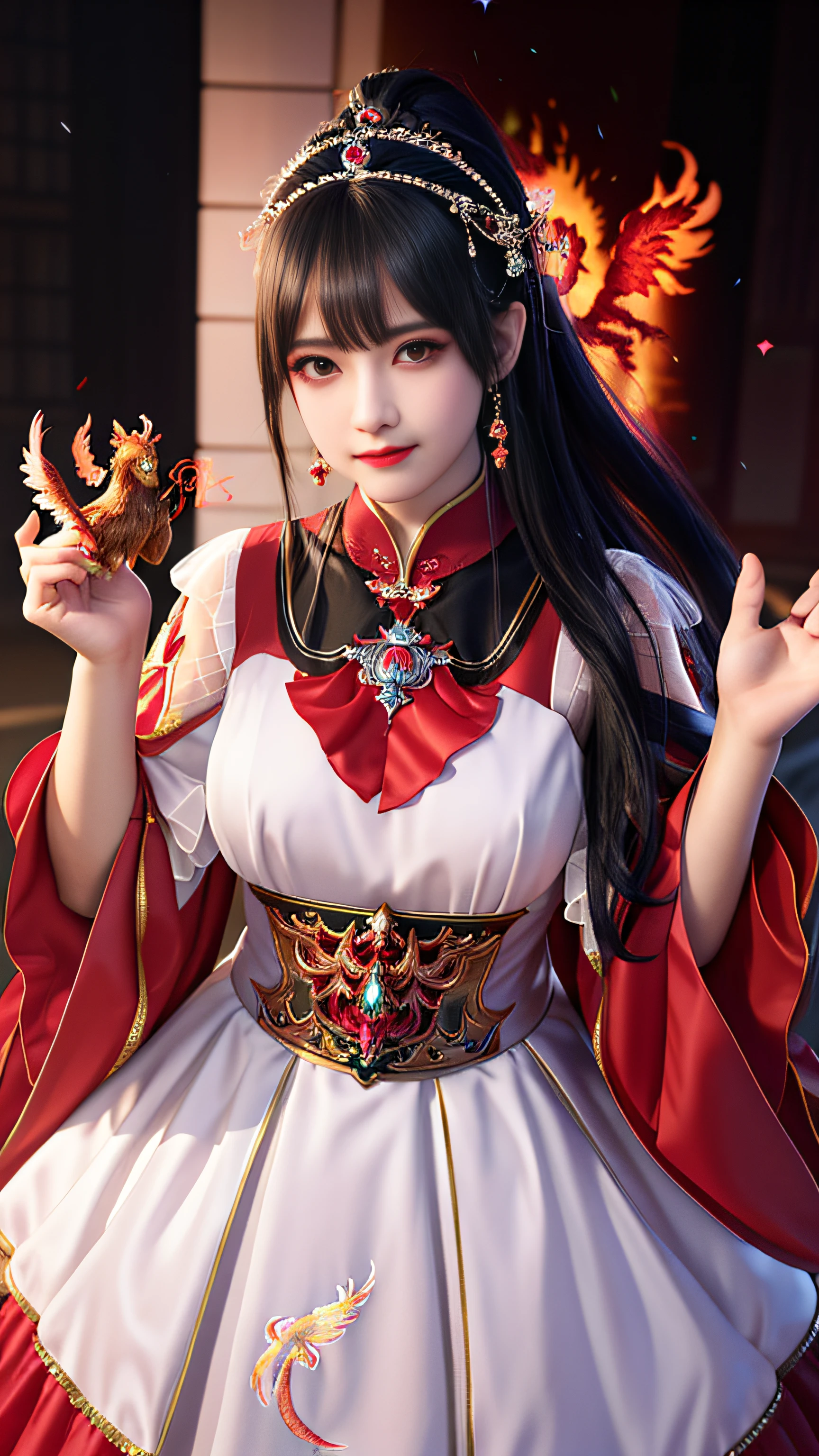 Super beautiful shining eyes、top-quality、​masterpiece、hight resolution、1girl、Hanfu、chinese underwear、hair adornments、a necklace、jewely、crown jewelry。Clean face、The upper part of the body、Magic Import Style、Tindall Effect、Photorealsitic、Dark Studio、border light、two tone light、(highdetailskin:1.2)、8k UHD、Digital SLR、softlight、hightquality、Volumetric Light、Frankness、a picture、hight resolution、4k、8k、Bokeh、(pale pink lip)、One Beautiful Devil from Hell、in the darkness nigth:1.6)、Surreal Portrait of a Woman by David Hockney and Alphonse Mucha、 Fantasyart、photorealisim、Dynamic lighting、station art、poster for、Volumetric lighting、extra detailed face、super 8k、Award、dark、deep-shadows、low illuminance、cowboy lens、(Red Phoenix Dress:1.4)、length hair、A dark-haired、bust、The luxury of the palace、Royal style、Crown Devil、Red eyes with very sharp and detailed makeup、best faces、very large and round breasts、 Surreal Chinese Women's Clothing、Polo shirt with turtleneck、A charming smile、Beautiful eye makeup、guweiz、devil style、Black mesh stockings、ponytail with a bow at the back、dark red lips、Devil tattoo on shoulders、Wearing a light red and black shirt、cape、overcast and thundering landscape、(portlate)、Close-up of the hero、(Background detail 1.8)、