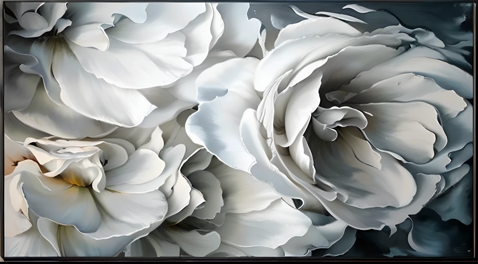 White rose painting on black background, Abstract smoked rose, Soft tar canvas painting, Complex oil paintings, nacre painting, large opaque blossoms, realistic flowers oil painting, elegant and refined painting, detailed and oil painting, White roses, The painting is a large canvas, Canvas art, canvas painting, White petals, Inspired by Patrick Petroboli