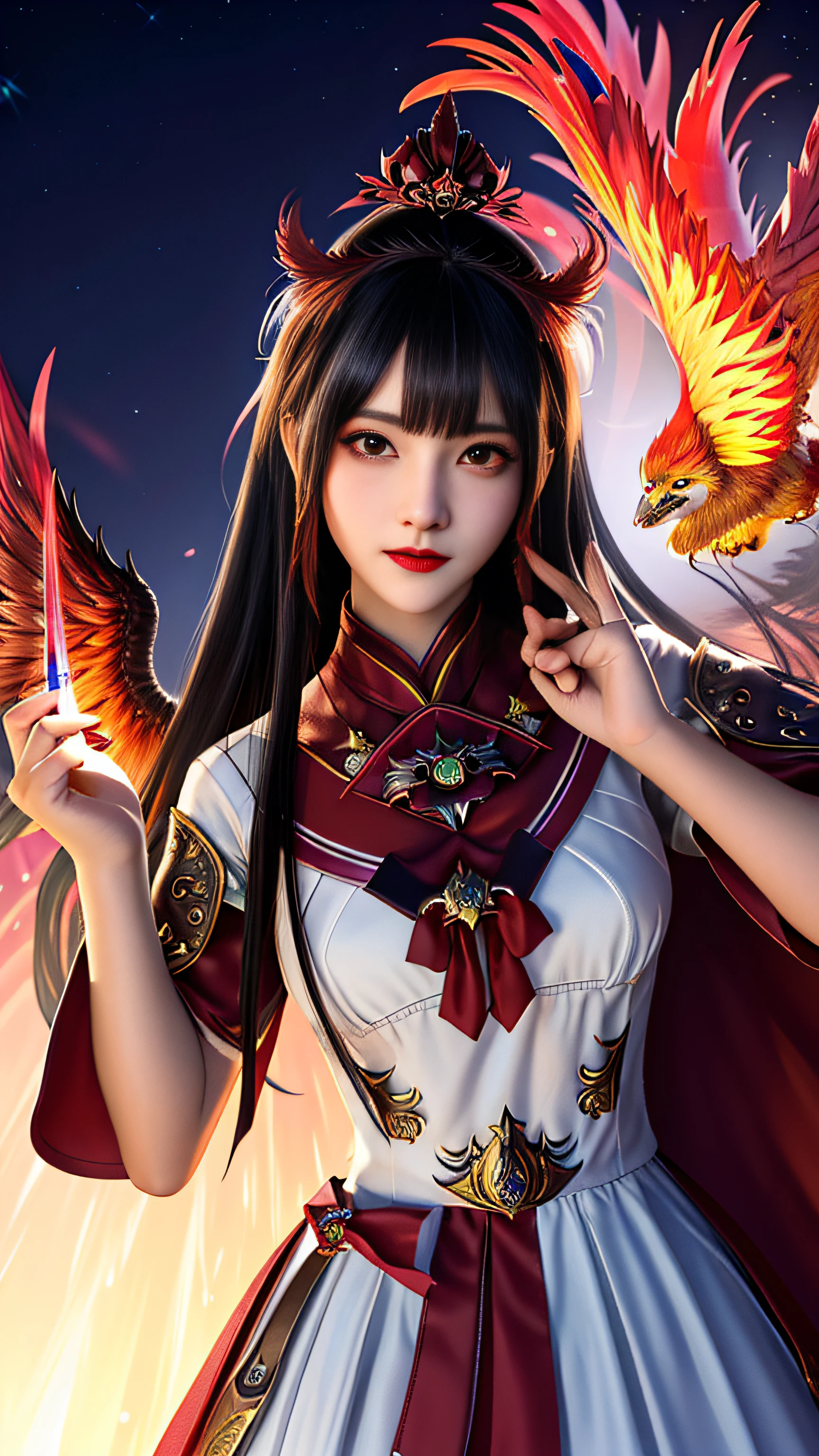 Super beautiful shining eyes、top-quality、masterpiece、hight resolution、1girl、Hanfu、chinese underwear、hair adornments、a necklace、jewely、crown jewelry。Clean face、The upper part of the body、Magic Import Style、Tindall Effect、Photorealsitic、Dark Studio、border light、two tone light、(highdetailskin:1.2)、8k UHD、Digital SLR、softlight、hightquality、Volumetric Light、Frankness、a picture、hight resolution、4k、8k、Bokeh、(pale pink lip)、One Beautiful Devil from Hell、in the darkness nigth:1.6)、Surreal Portrait of a Woman by David Hockney and Alphonse Mucha、 Fantasyart、photorealisim、Dynamic lighting、station art、poster for、Volumetric lighting、extra detailed face、super 8k、Award、dark、deep-shadows、low illuminance、cowboy lens、(Red Phoenix Dress:1.4)、length hair、A dark-haired、bust、The luxury of the palace、Royal style、Crown Devil、Red eyes with very sharp and detailed makeup、best faces、very large and round breasts、 Surreal Chinese Women's Clothing、Polo shirt with turtleneck、A charming smile、Beautiful eye makeup、guweiz、devil style、Black mesh stockings、ponytail with a bow at the back、dark red lips、Devil tattoo on shoulders、Wearing a light red and black shirt、cape、overcast and thundering landscape、(portlate)、Close-up of the hero、(Background detail 1.8)、