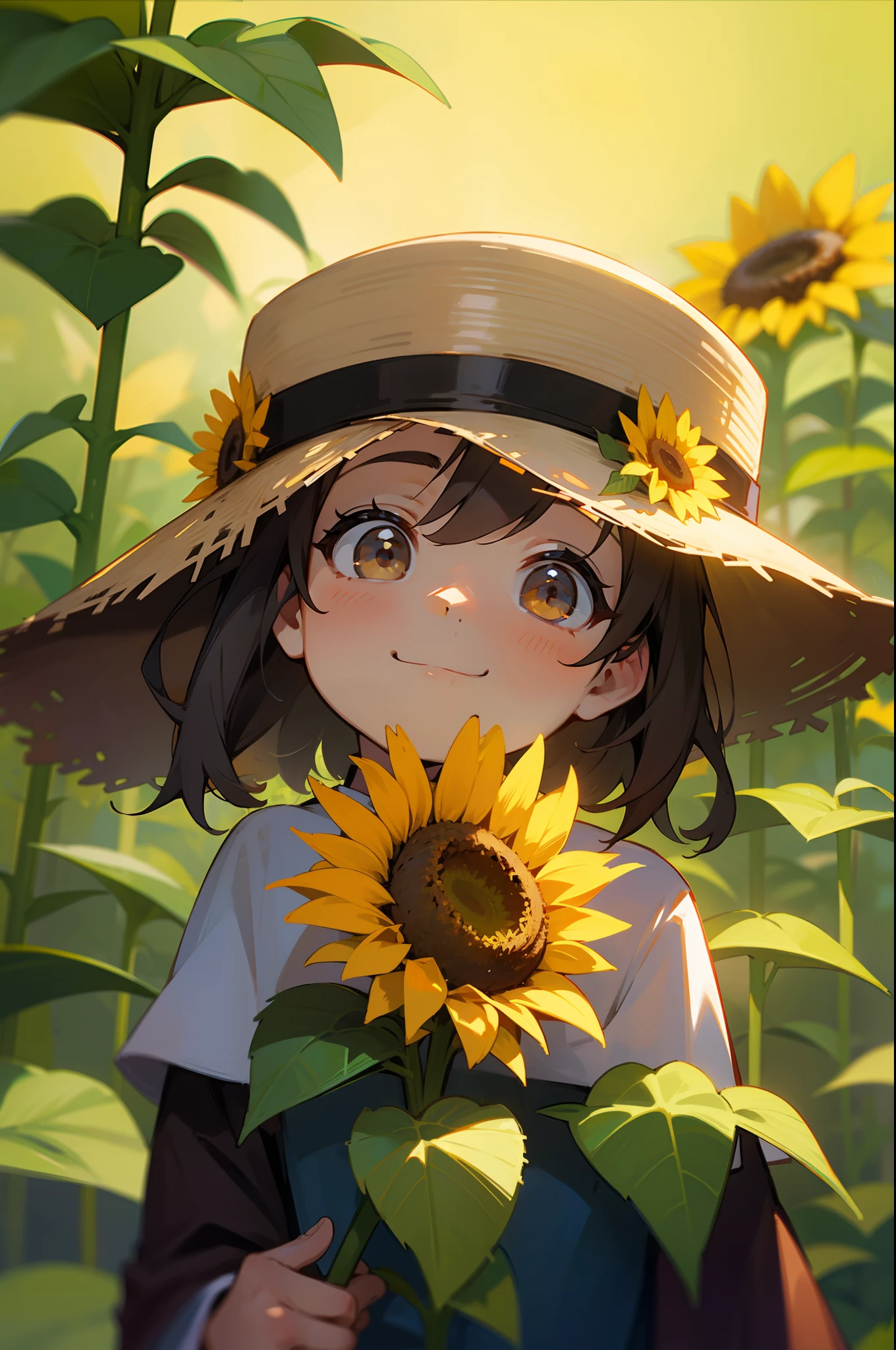 Among the sunflower bushes，cute female child，With a hat on，beautiful weather，Ultra-clear image quality，4k画质