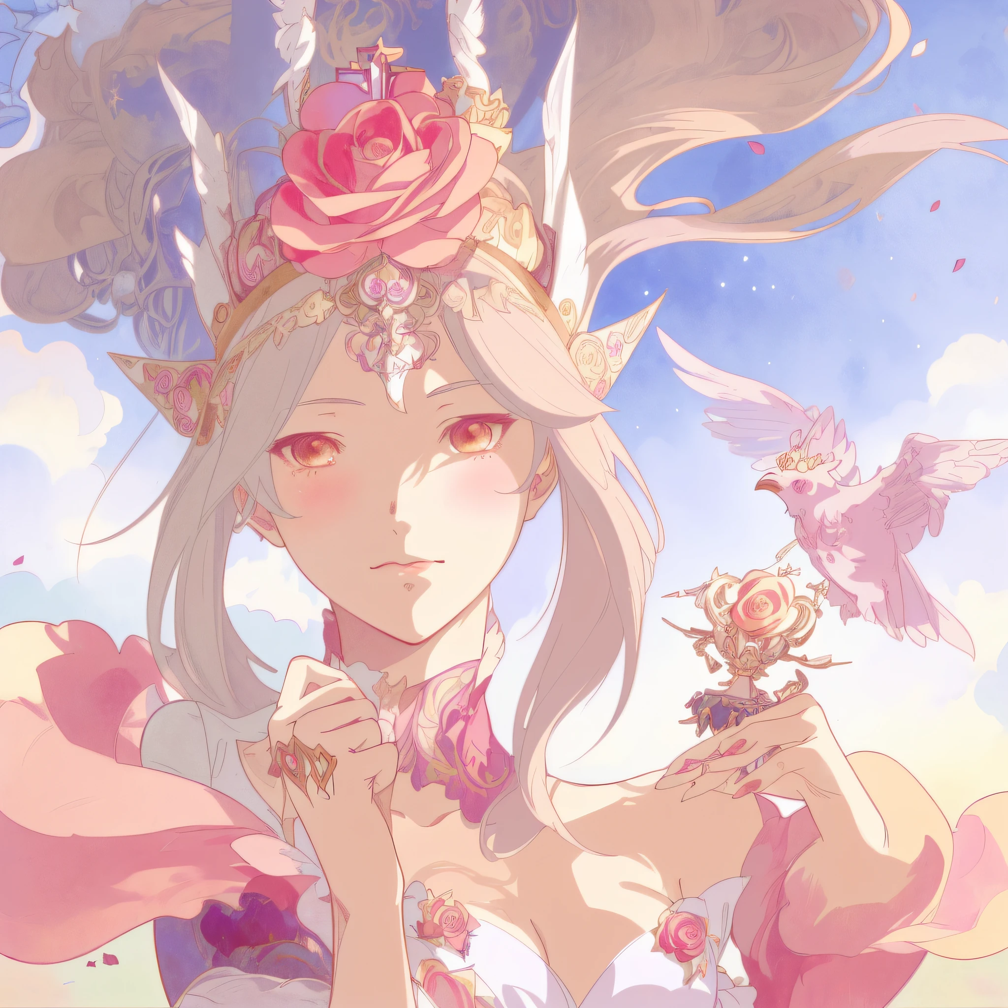 Anime girl with roses in her hair and bird in her hand, Alphonse mucha and rossdraws, ((a beautiful fantasy empress)), Digital art on Pisif , Pisif, Anime fantasy illustration, beautiful fantasy anime, Guviz, Guweiz in Pixiv ArtStation, crown of mechanical peach roses, Beautiful anime artwork, Anime goddess