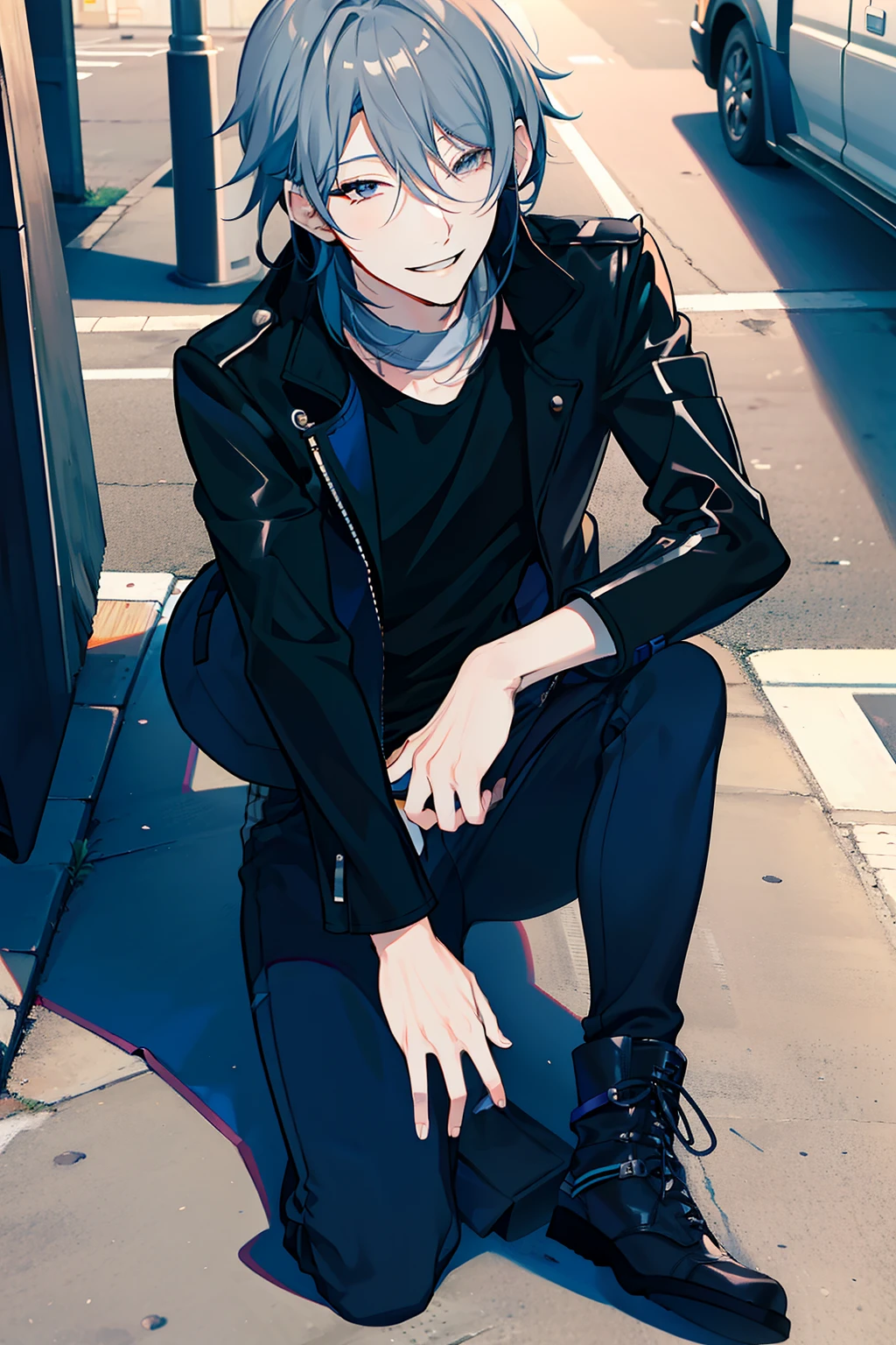 Ayato, Dressed in a black Modern street style jacket , under it he wears a Dark blue T-shirt , a Black Modern street style Jeans , Modern street style Silver and blue colored sports boots , Smiles