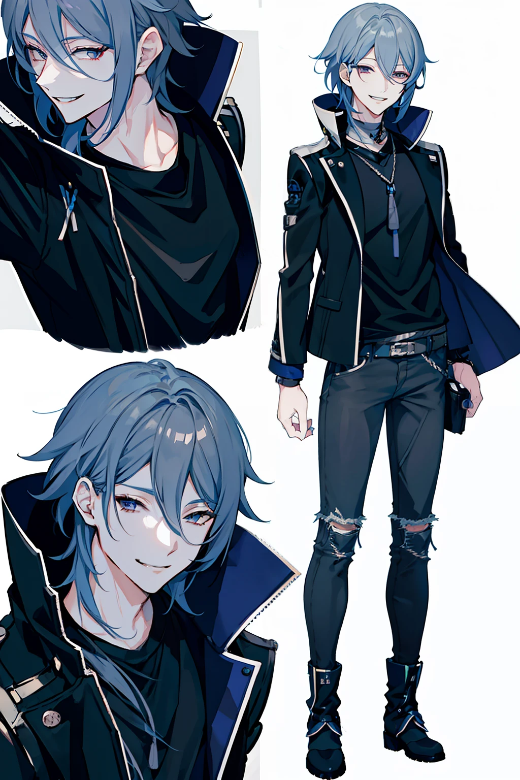 Ayato, Dressed in a black Modern street style jacket , under it he wears a Dark blue T-shirt , a Black Modern street style Jeans , Modern street style Silver and blue colored sports boots , Smiles