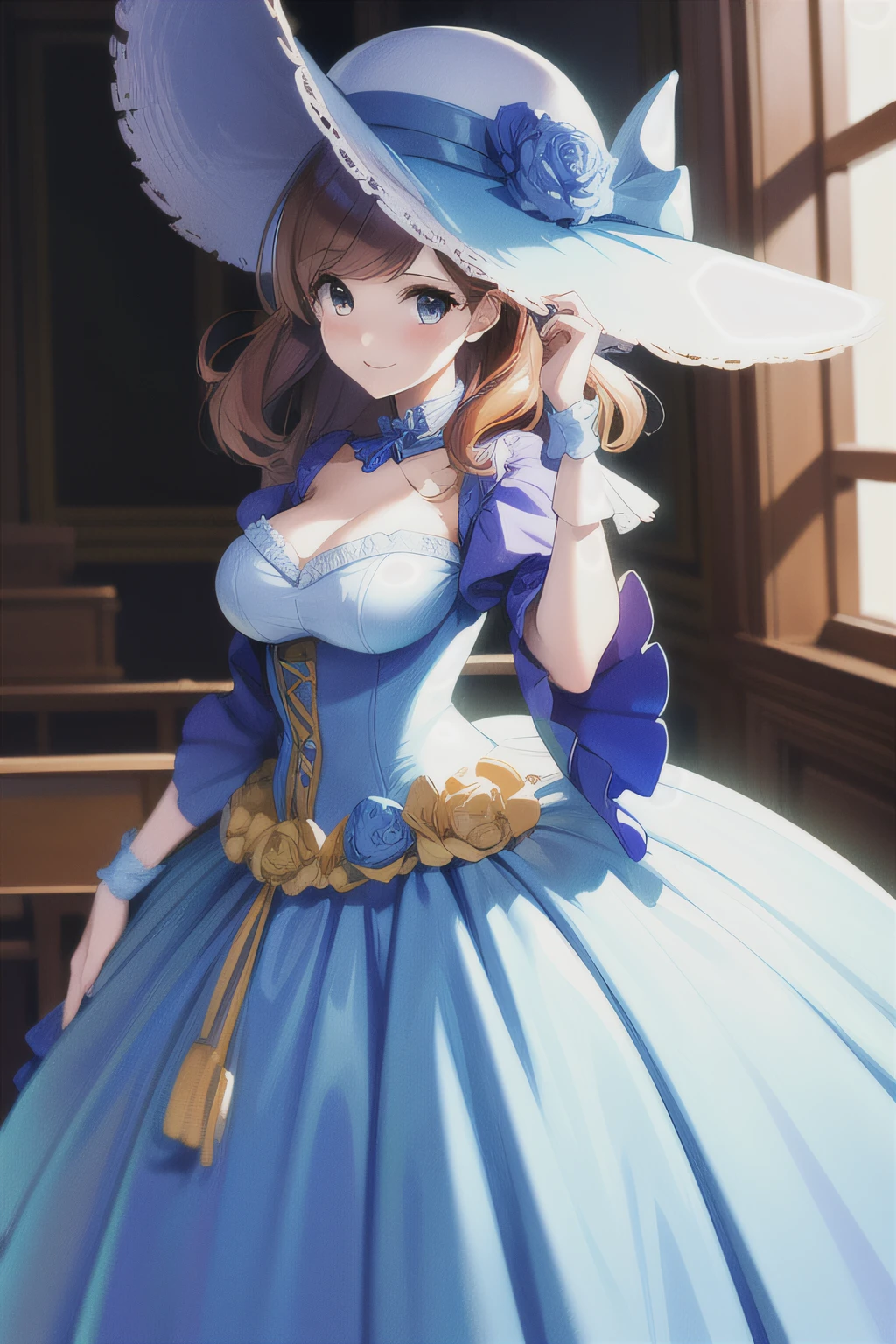 (((Best quality))), ((Ultra-detailed)), ((illustration)), ((Disheveled hair)), ((frilld)), (1 girl),(Solo),,hat,holding,looking_at_viewer,wand,hojo_karen,rating:safe,blue_dress,