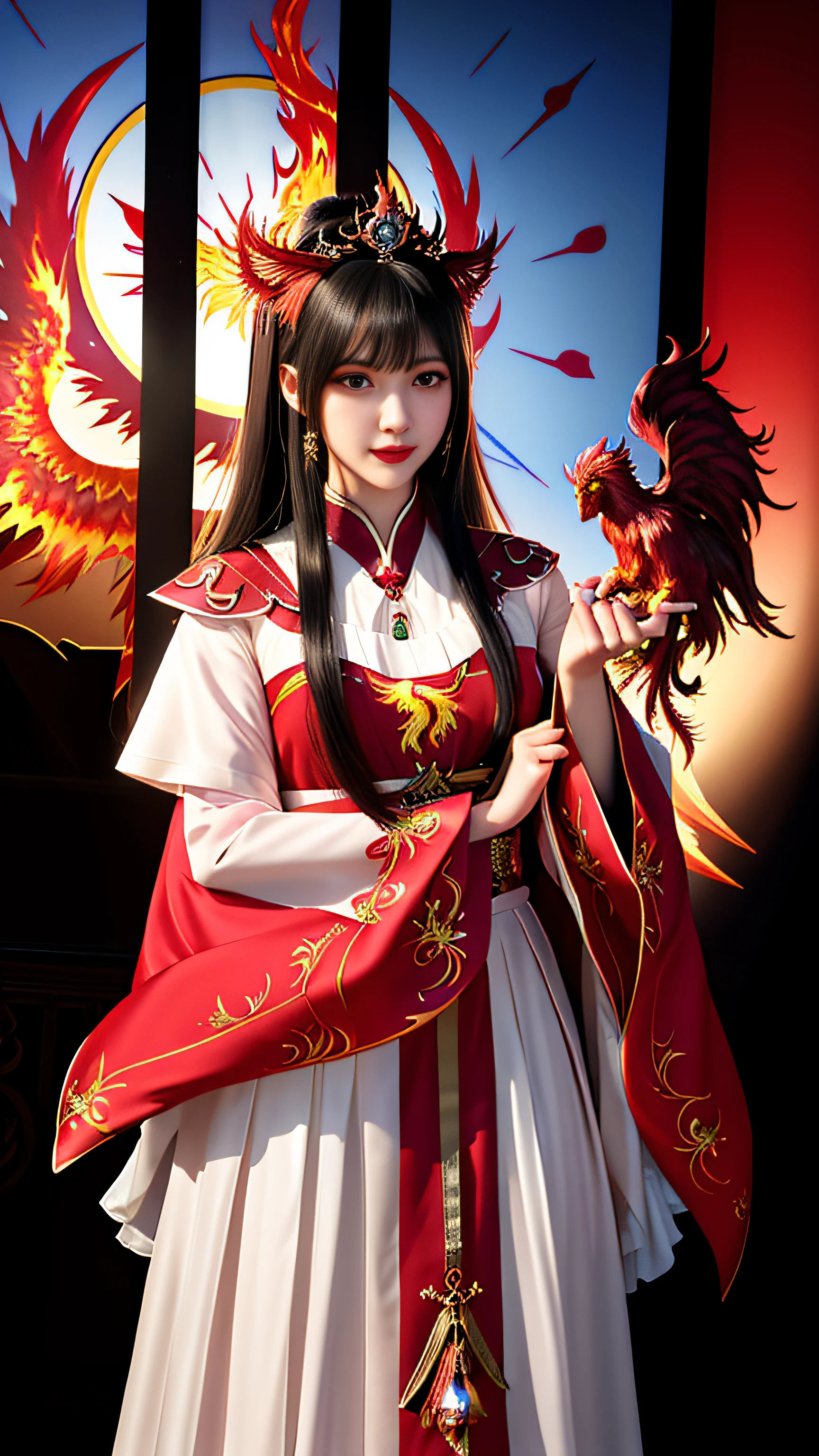 Super beautiful shining eyes、top-quality、masterpiece、hight resolution、1girl、Hanfu、chinese underwear、hair adornments、a necklace、jewely、crown jewelry。Clean face、The upper part of the body、Magic Import Style、Tindall Effect、Photorealsitic、Dark Studio、border light、two tone light、(highdetailskin:1.2)、8k UHD、Digital SLR、softlight、hightquality、Volumetric Light、Frankness、a picture、hight resolution、4k、8k、Bokeh、(pale pink lip)、One Beautiful Devil from Hell、in the darkness nigth:1.6)、Surreal Portrait of a Woman by David Hockney and Alphonse Mucha、 Fantasyart、photorealisim、Dynamic lighting、station art、poster for、Volumetric lighting、extra detailed face、super 8k、Award、dark、deep-shadows、low illuminance、cowboy lens、(Red Phoenix Dress:1.4)、length hair、A dark-haired、bust、The luxury of the palace、Royal style、Crown Devil、Red eyes with very sharp and detailed makeup、best faces、very large and round breasts、 Surreal Chinese Women's Clothing、Polo shirt with turtleneck、A charming smile、Beautiful eye makeup、guweiz、devil style、Black mesh stockings、ponytail with a bow at the back、dark red lips、Devil tattoo on shoulders、Wearing a light red and black shirt、cape、overcast and thundering landscape、(portlate)、Close-up of the hero、(Background detail 1.8)、