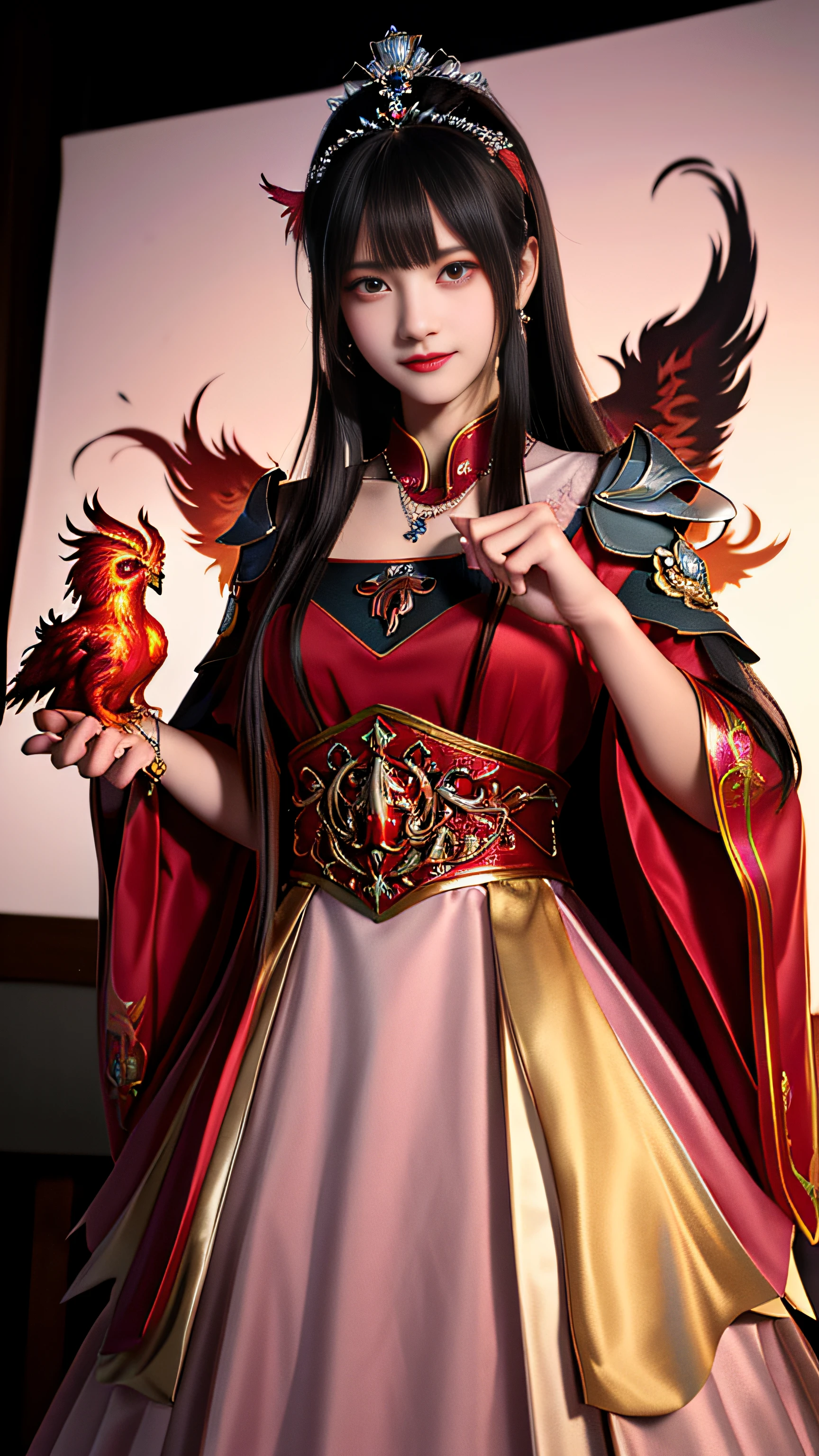 Super beautiful shining eyes、top-quality、masterpiece、hight resolution、1girl、Hanfu、chinese underwear、hair adornments、a necklace、jewely、crown jewelry。Clean face、The upper part of the body、Magic Import Style、Tindall Effect、Photorealsitic、Dark Studio、border light、two tone light、(highdetailskin:1.2)、8k UHD、Digital SLR、softlight、hightquality、Volumetric Light、Frankness、a picture、hight resolution、4k、8k、Bokeh、(pale pink lip)、One Beautiful Devil from Hell、in the darkness nigth:1.6)、Surreal Portrait of a Woman by David Hockney and Alphonse Mucha、 Fantasyart、photorealisim、Dynamic lighting、station art、poster for、Volumetric lighting、extra detailed face、super 8k、Award、dark、deep-shadows、low illuminance、cowboy lens、(Red Phoenix Dress:1.4)、length hair、A dark-haired、bust、The luxury of the palace、Royal style、Crown Devil、Red eyes with very sharp and detailed makeup、best faces、very large and round breasts、 Surreal Chinese Women's Clothing、Polo shirt with turtleneck、A charming smile、Beautiful eye makeup、guweiz、devil style、Black mesh stockings、ponytail with a bow at the back、dark red lips、Devil tattoo on shoulders、Wearing a light red and black shirt、cape、overcast and thundering landscape、(portlate)、Close-up of the hero、(Background detail 1.8)、
