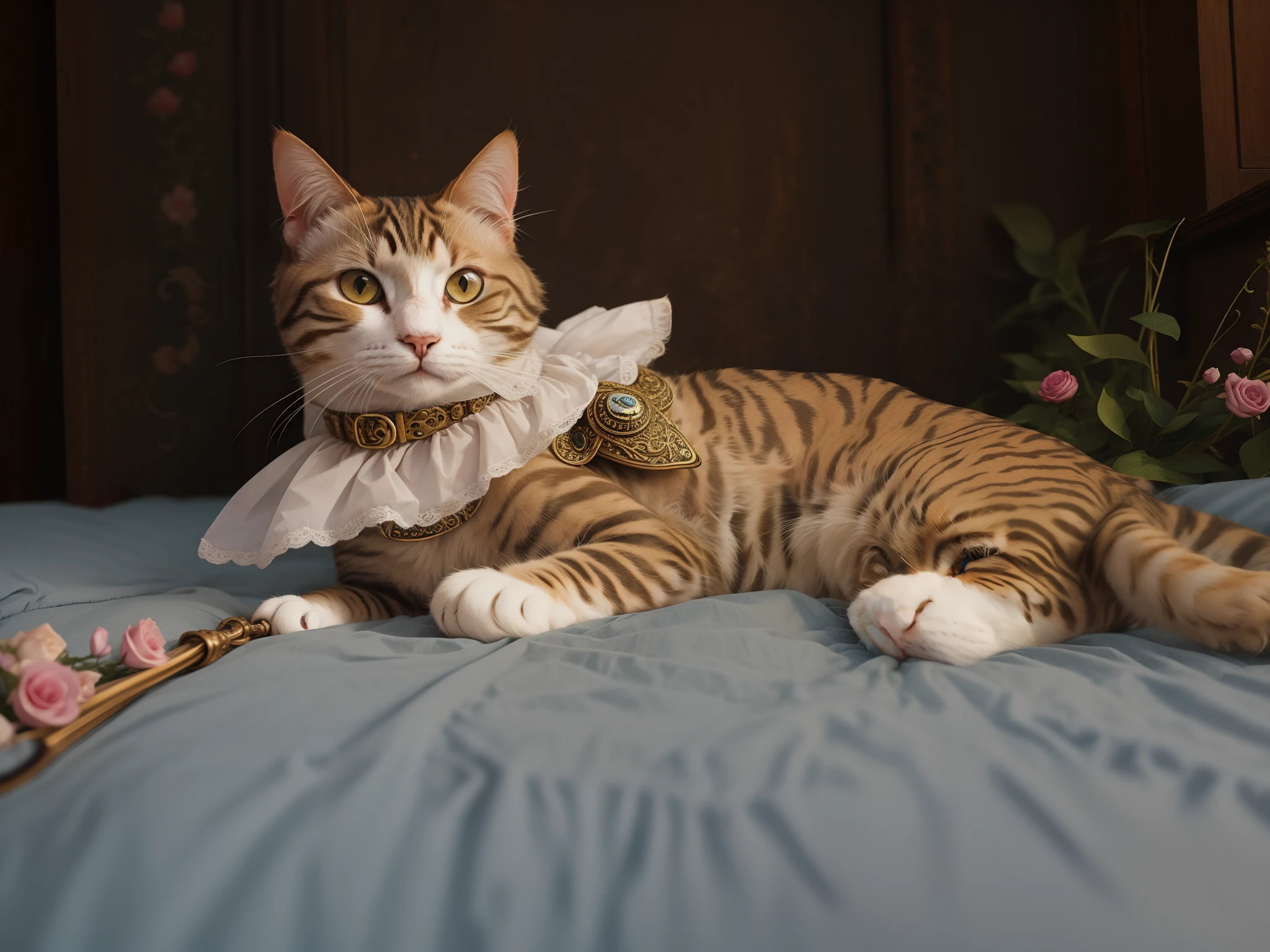 cute realistic cat with intricate decorated victorian collar and left eyepatch. replace background with english garden