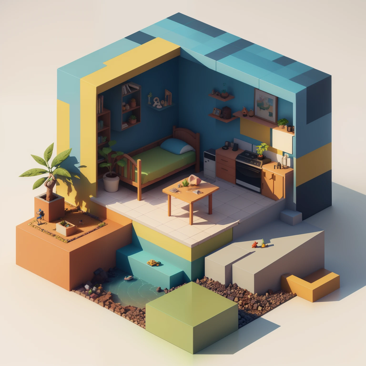 (Isometric perspective:1.5),(pixar-style:1.2),sobu,Beds,sofe,(Small bonsai:0.8),table light,tvp,wall paintings,3D,Disney,panoramic photo,70's,White background,one color background,Global illumination,Ray traching，Modeling，HDR，Octane rendering，unreal render，behance，dribbble，artstation，best qualtiy，8k，