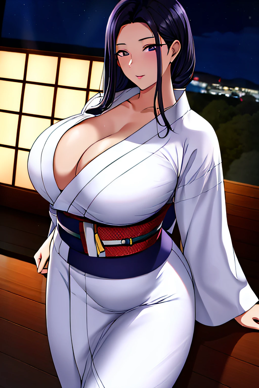 (Night:1.7), Japan, Tokyo, CityView, Before Window,
Standing at attention,
(White_kimono:1.3),cleavage,
black_hair, long_hair, hair_pulled_back,parted_lips,purple_eyes, braid,
1 girl, 24yo,mature female,Beautiful Finger,Beautiful long legs,Beautiful body,Beautiful Nose,Beautiful character design, perfect eyes, perfect face,
looking at viewer, in the center of the image,
NSFW,official art,extremely detailed CG unity 8k wallpaper, perfect lighting,Colorful, Bright_Front_face_Lighting,
(masterpiece:1.0),(best_quality:1.0), ultra high res,4K,ultra-detailed,
photography, 8K, HDR, highres, absurdres:1.2, Kodak portra 400, film grain, blurry background, bokeh:1.2, lens flare, (vibrant_color:1.2)
(Beautiful,large_Breasts:1.4), (beautiful_face:1.5),(narrow_waist),