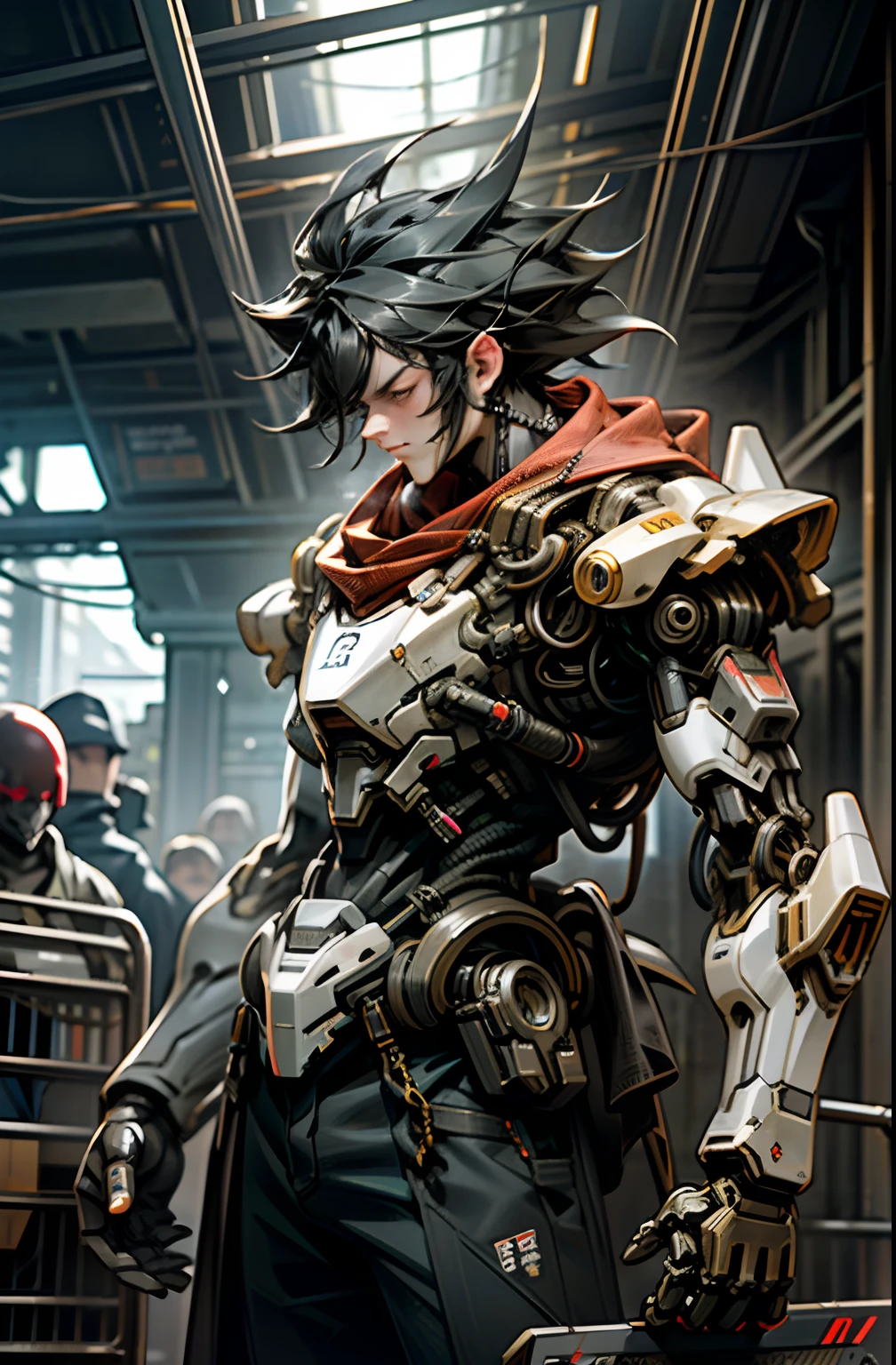 Dark_Fantasy,Cyberpunk,(chain saw,chain saw man,Red:1.1),1man,Mechanical marvel,Robotic presence,Cybernetic guardian,wearing a worn-out mech suit，iintricate，（Steel metal[rusted]），ellegance，Clear focus，Photo by Greg Rutkowski，gentlesoftlighting，vivd colour，tmasterpiece，（（the street）），cow boy shot，dynamicposes，Cai Xukun's
