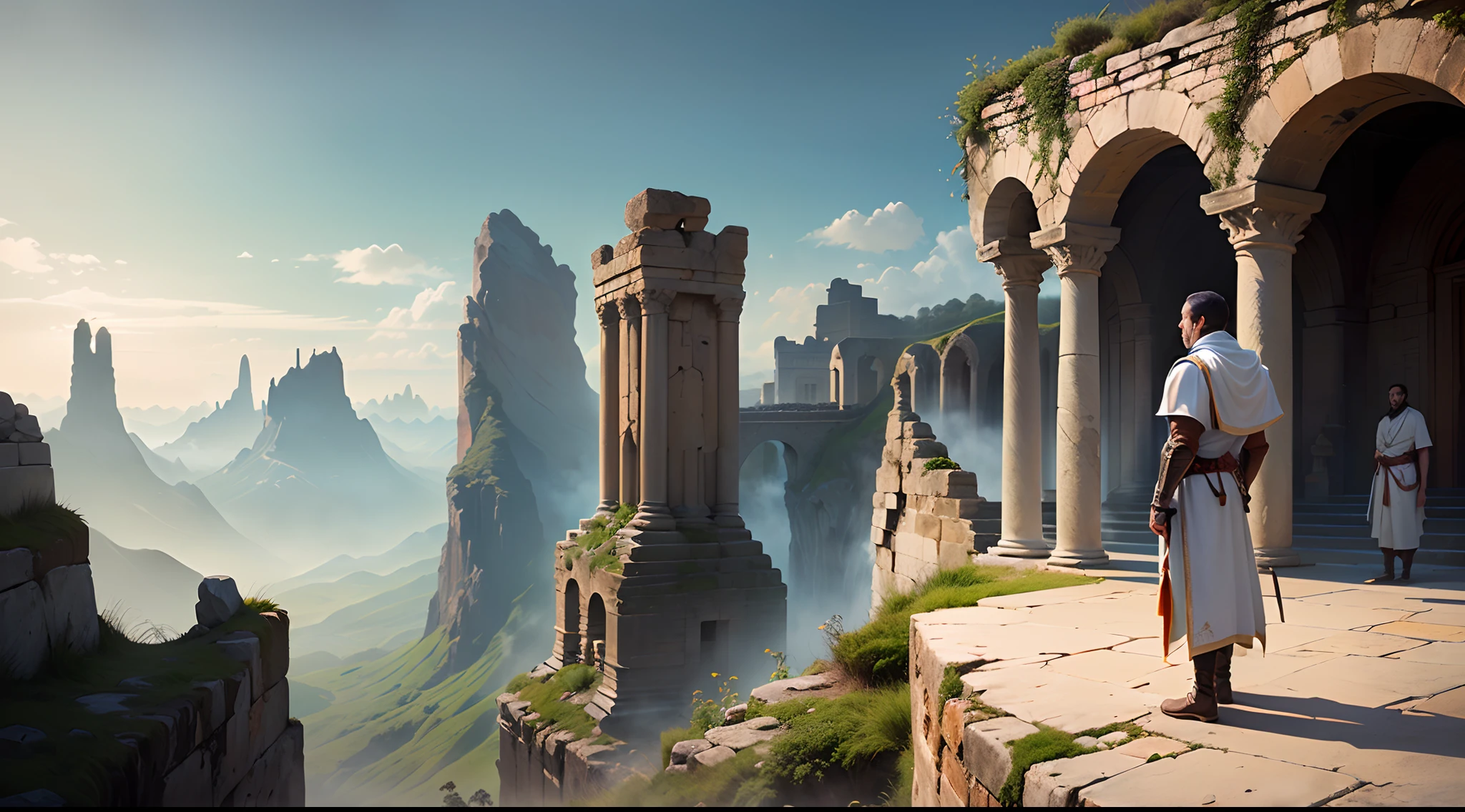 male people,Dressed in white,holding a longsword,Stand on a cliff overlooking the ancient city