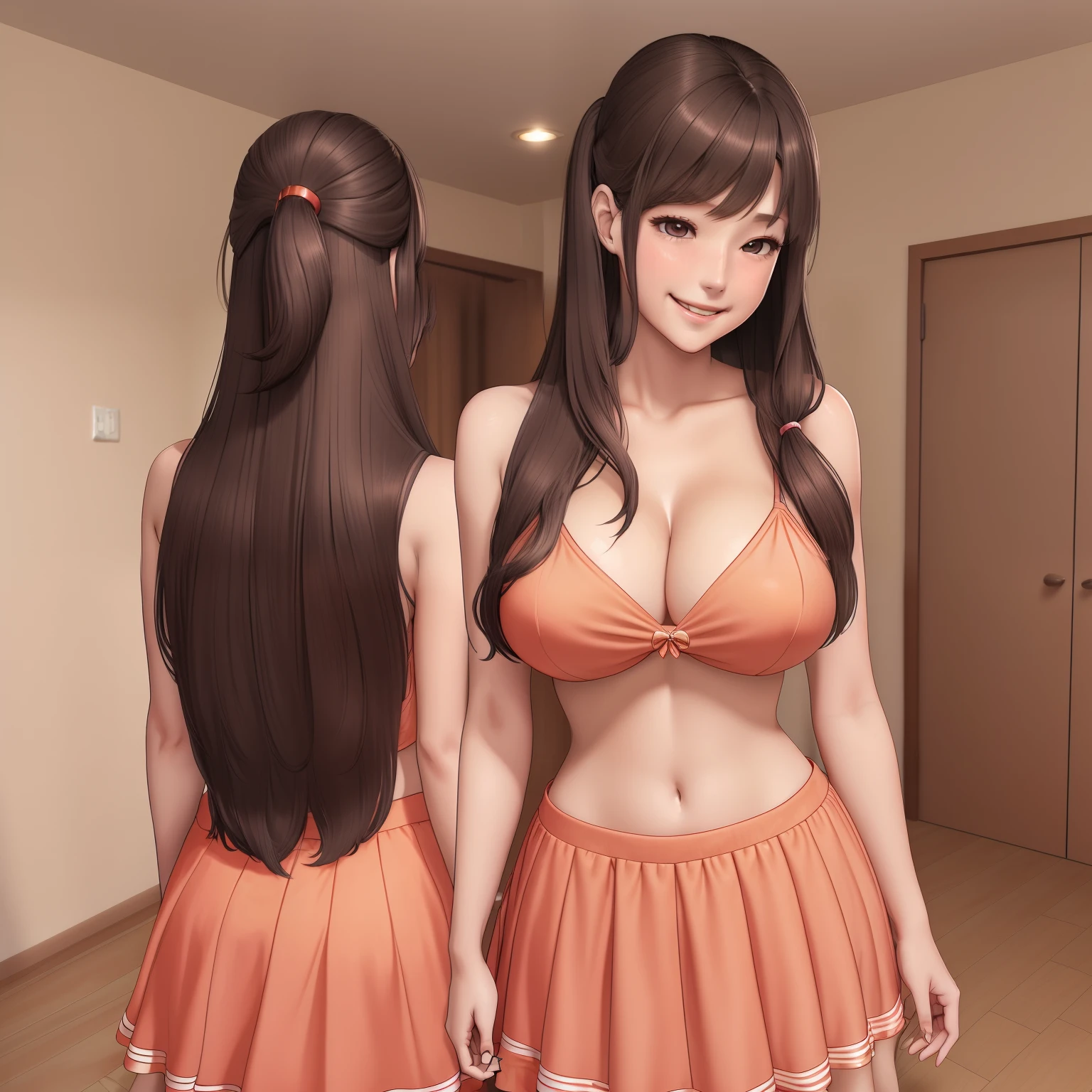 girl,My wife,long wet ponytail brown hair,diamods hair ornaments,he tall,sexy pose my wife,super big breast,(P cup),age 17,cheerfull,happy and smile detailed face,sexy long my wife clothes and long skirt outfit,full body,red peach lips,standing on home,her nose was red in home