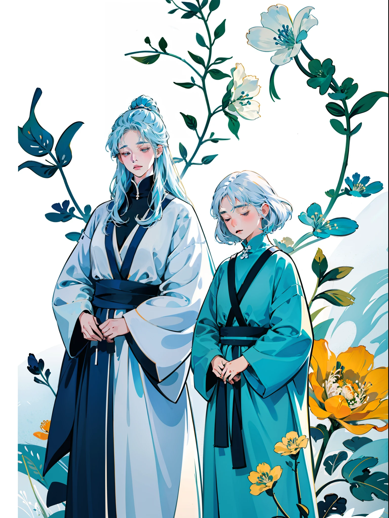 two girls praying, white and blue hair, close eyes, style of figurative minimalism, warm color palette, utilitarian, organic shapes and lines, illustration, danish design, facing front, bright light, bright color, realistic light and shadow, wild flowers background, flat illustrations --ar 9:16 --niji 5 -