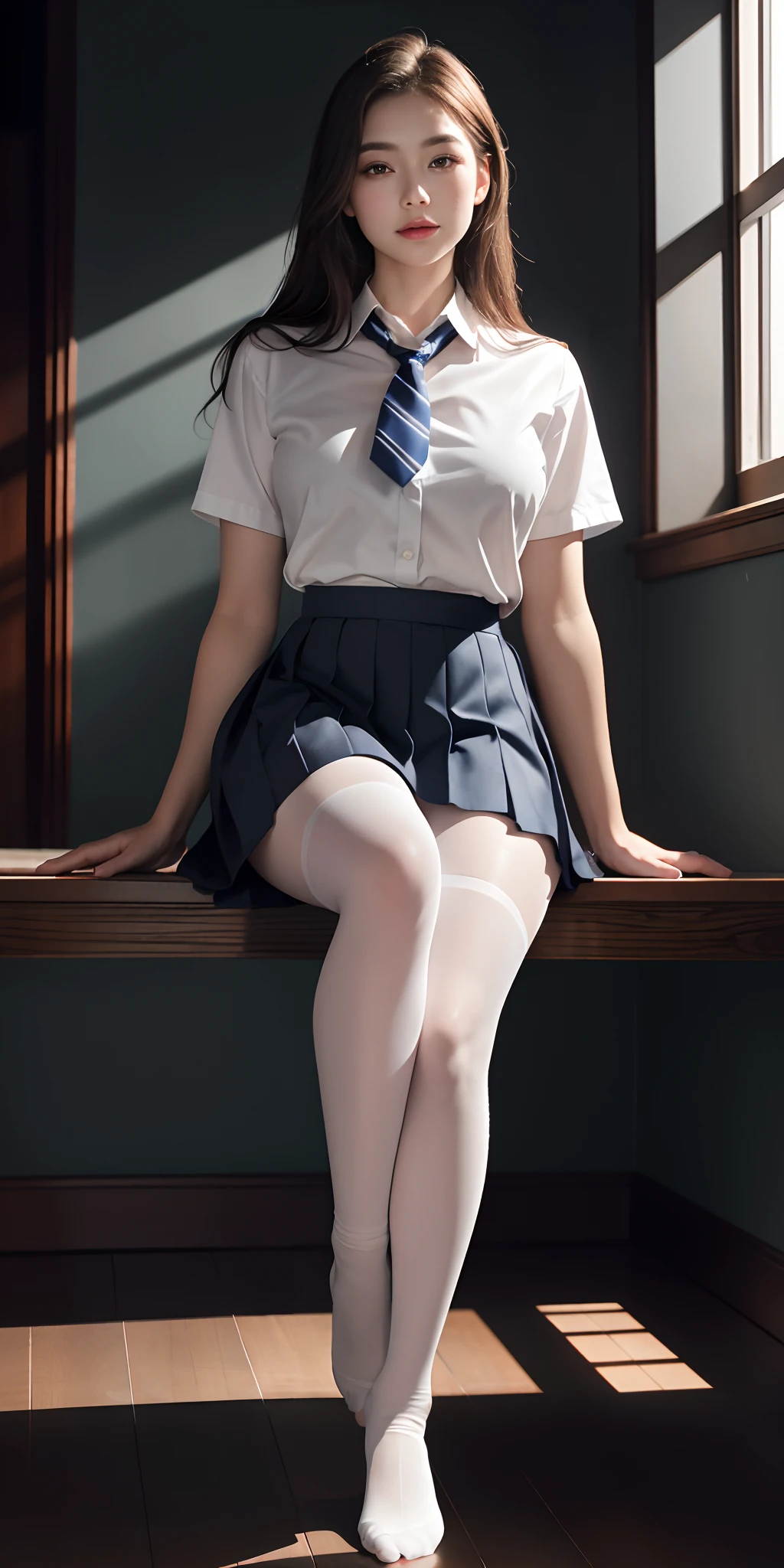 hi-school girl、panties on、Panchira、realisitic、8K、high-level image quality、A dark-haired、low angles:1.3、((s ass))、(Pulled up a dark blue pleated skirt:1.3)、thighs thighs thighs thighs、posterior view、Slender figure、A slender、long legged、sneakers、High twin tail with ribbon、Realistic  girl、((Turn around and look at the camera:1.3))、((posterior view))、(((Panty shots showing off erotic panties)))、White sailor suit with short sleeves、Square sailor collar、inside a classroom、In the school、((独奏、1 persons))、((Butt bite))、(((Squatting))),(Little girl in loli lovoff her nakedne:1.3)