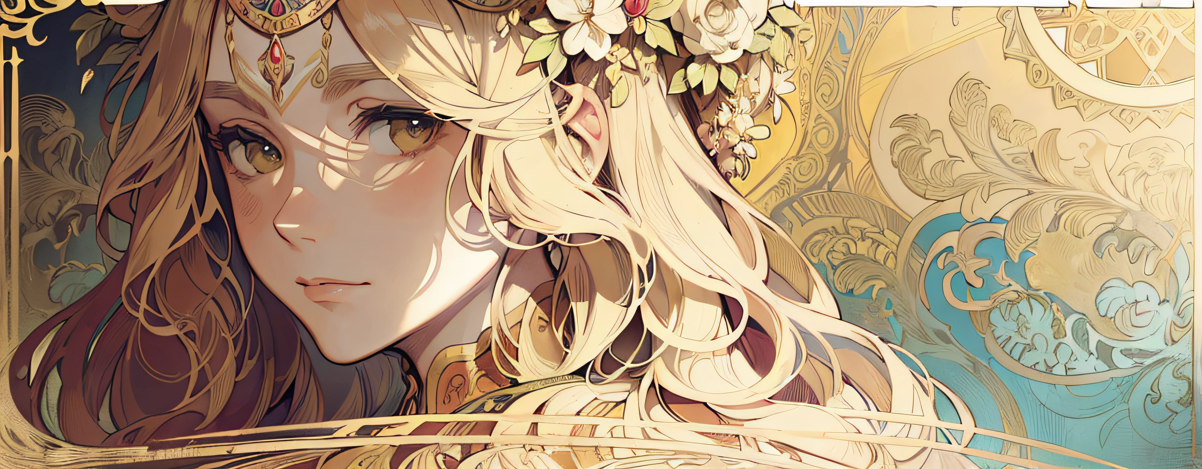 face portrait of a  European female , long curly hair, blond, floral frame, Decorative panels, abstract
artistic, by Alphonse Mucha
(Masterpiece, Best Quality, Highres:1.4), Detailed, Intricate Details, 4K, color splashes, line art,   fibonacci,